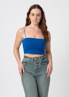 cropped top blauw met spaghetti bandjess