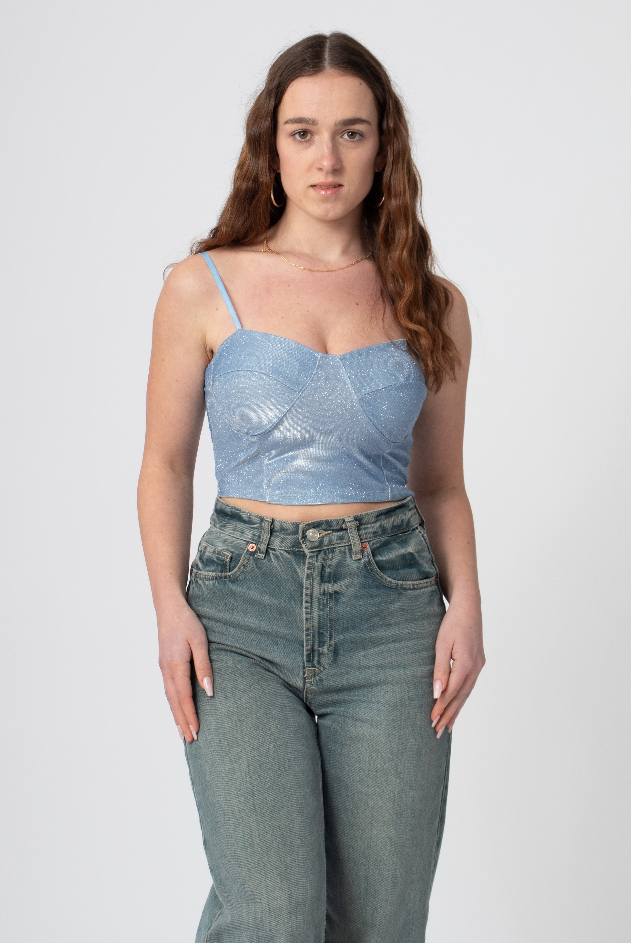 bustier crop top blauw glanzen glitter met bandjes