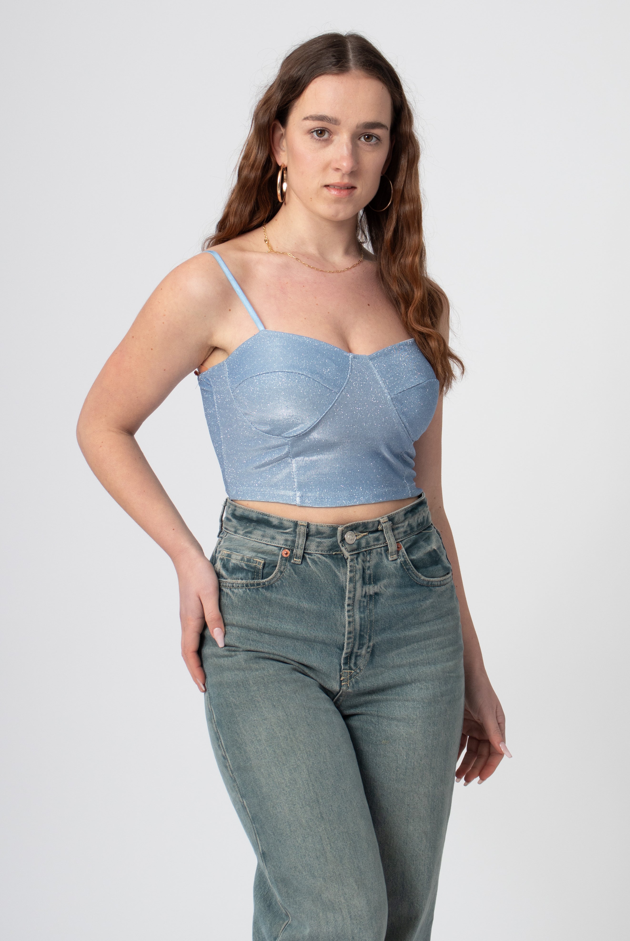 bustier crop top blauw glanzen glitter met bandjes