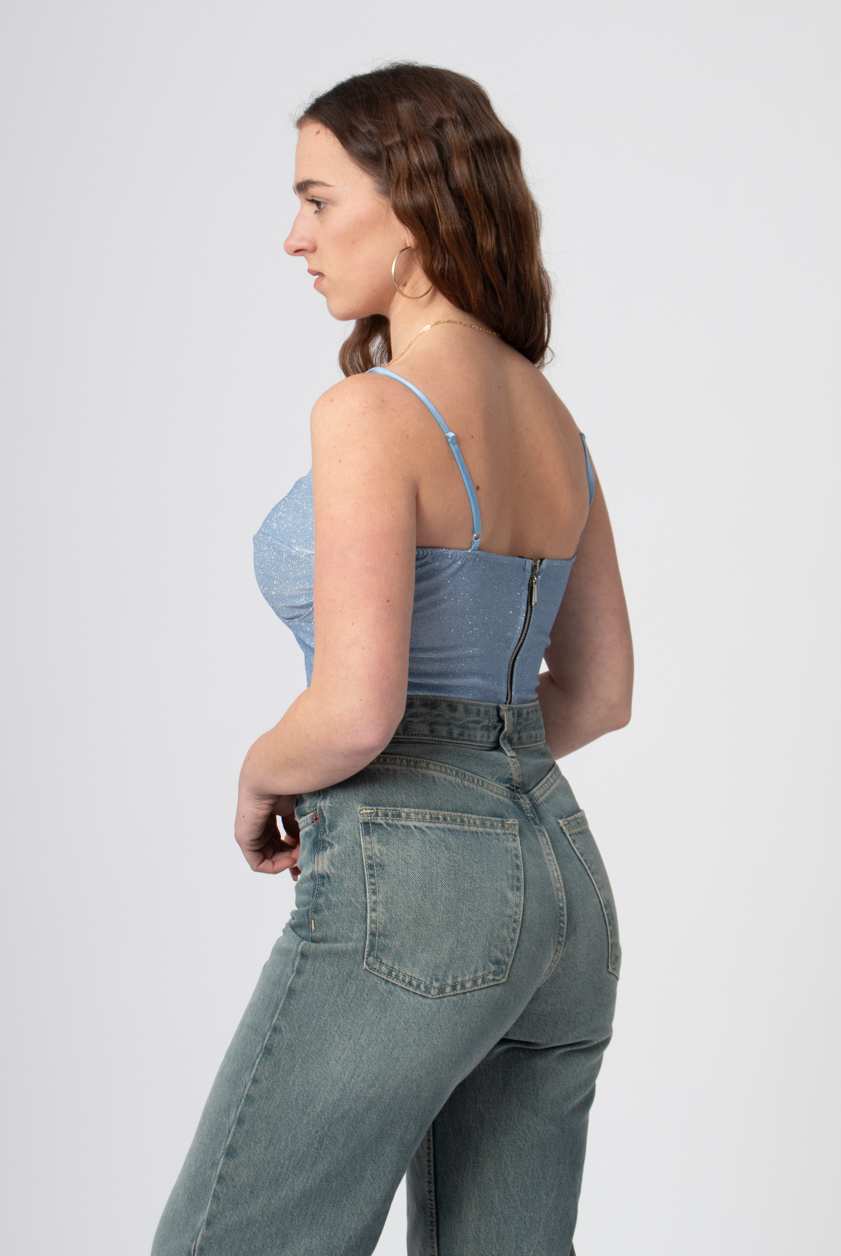 bustier crop top blauw glanzen glitter met bandjes