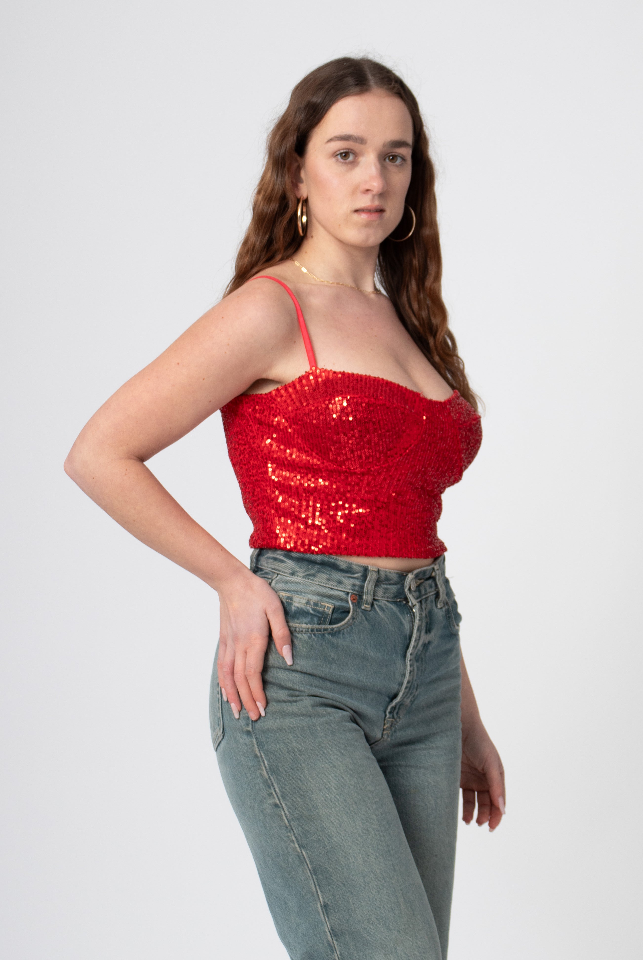 sequin glitter bustier crop top rood met bandjes