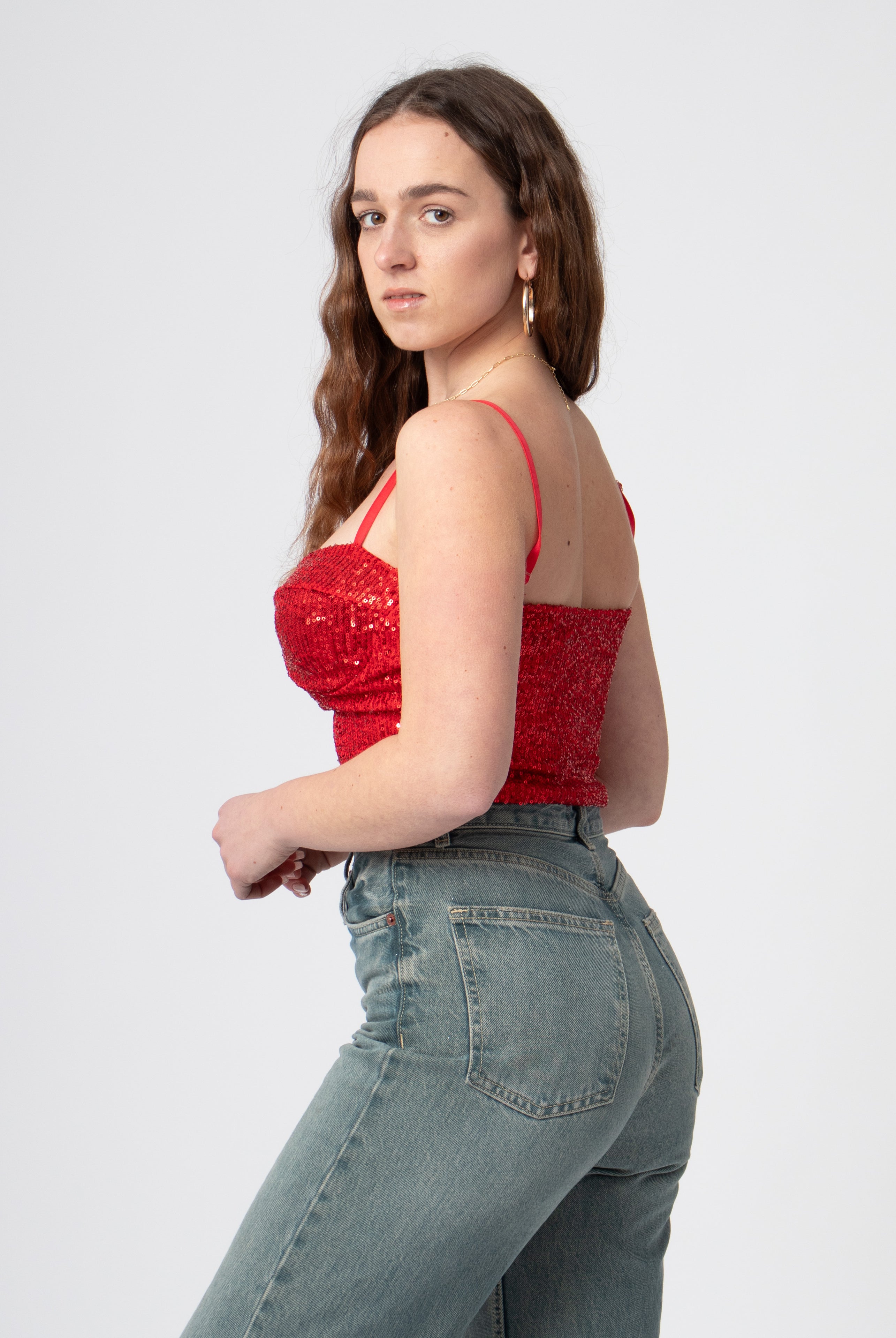 sequin glitter bustier crop top rood met bandjes