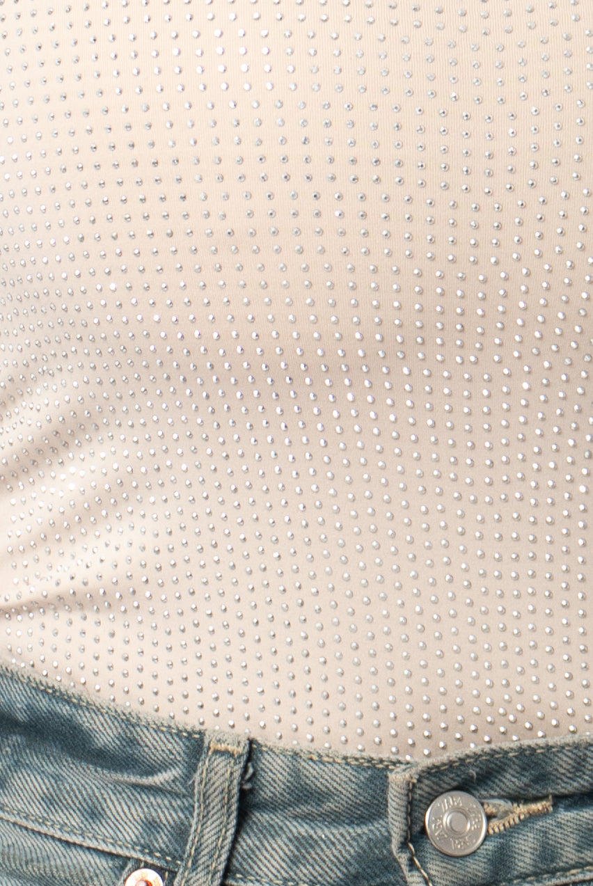 Glitter steentjes body met spaghetti bandjes en een rechte hals beige creme