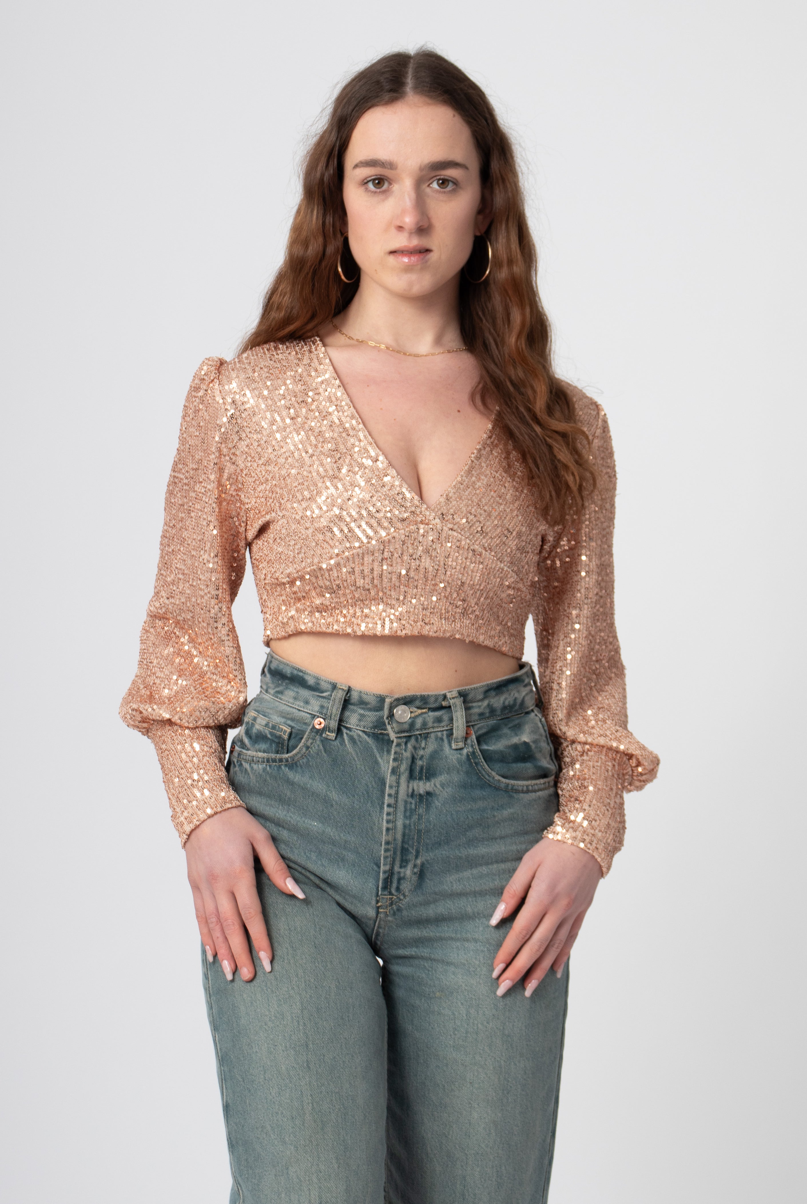 sequin glitter blouse crop top met lange mouw en diepe hals