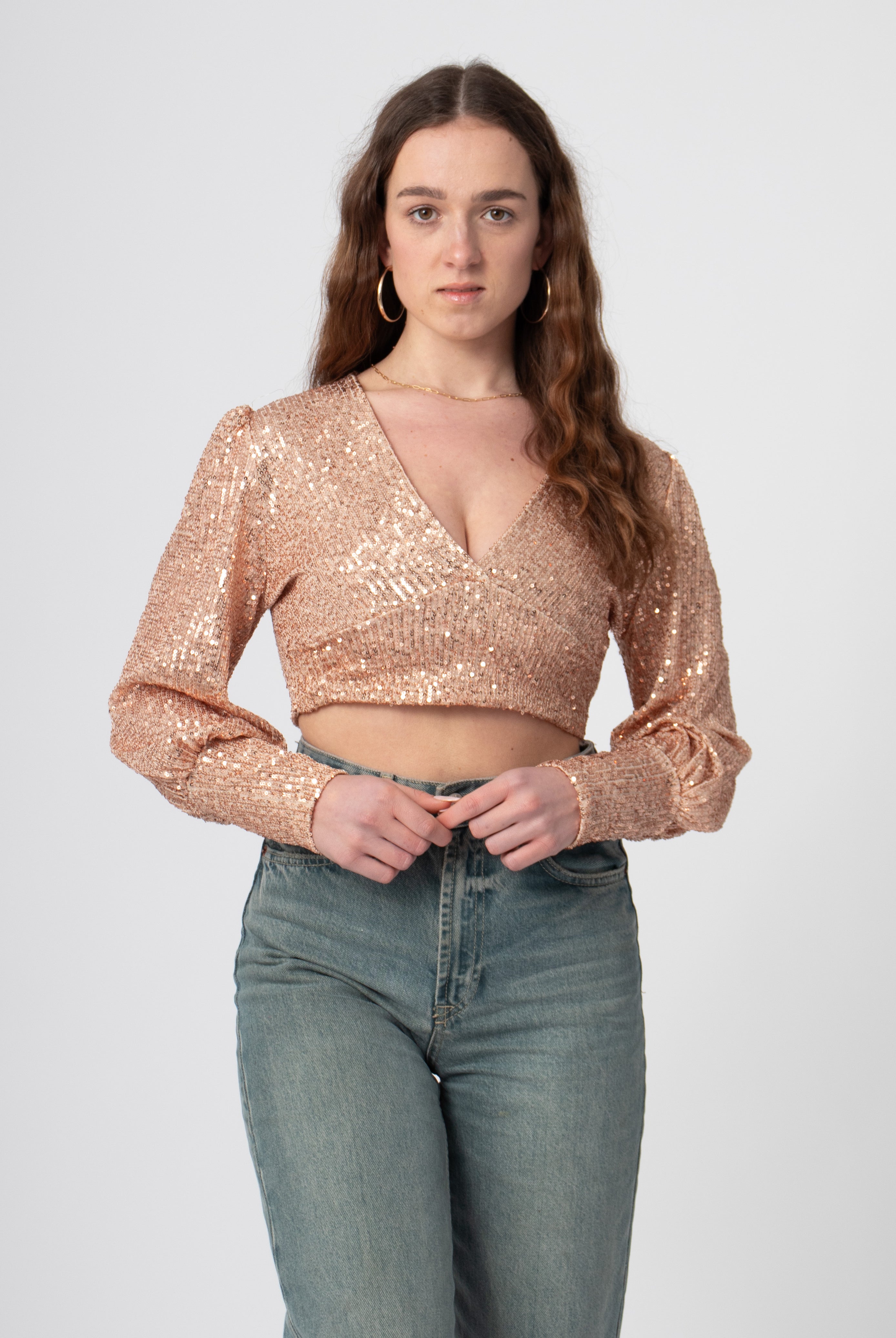 sequin glitter blouse crop top met lange mouw en diepe hals