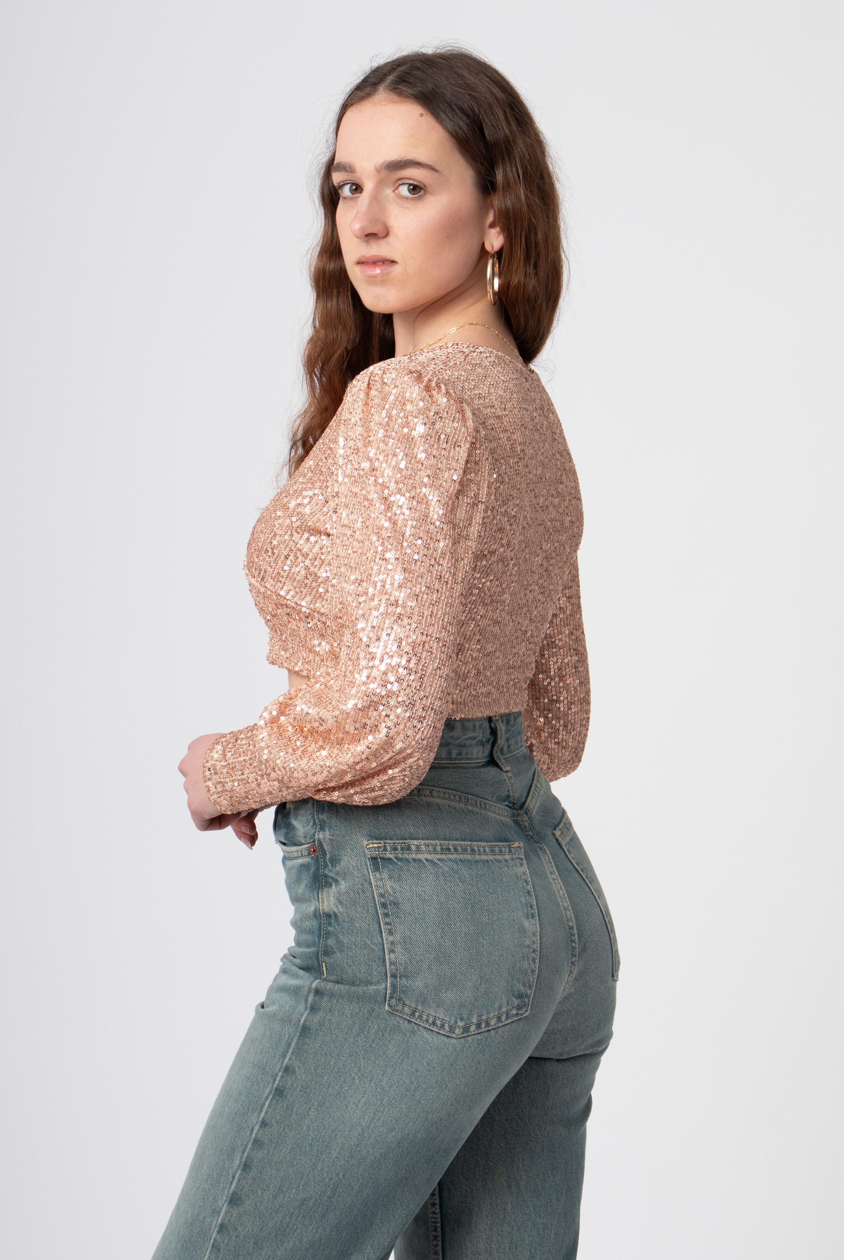 sequin glitter blouse crop top met lange mouw en diepe hals