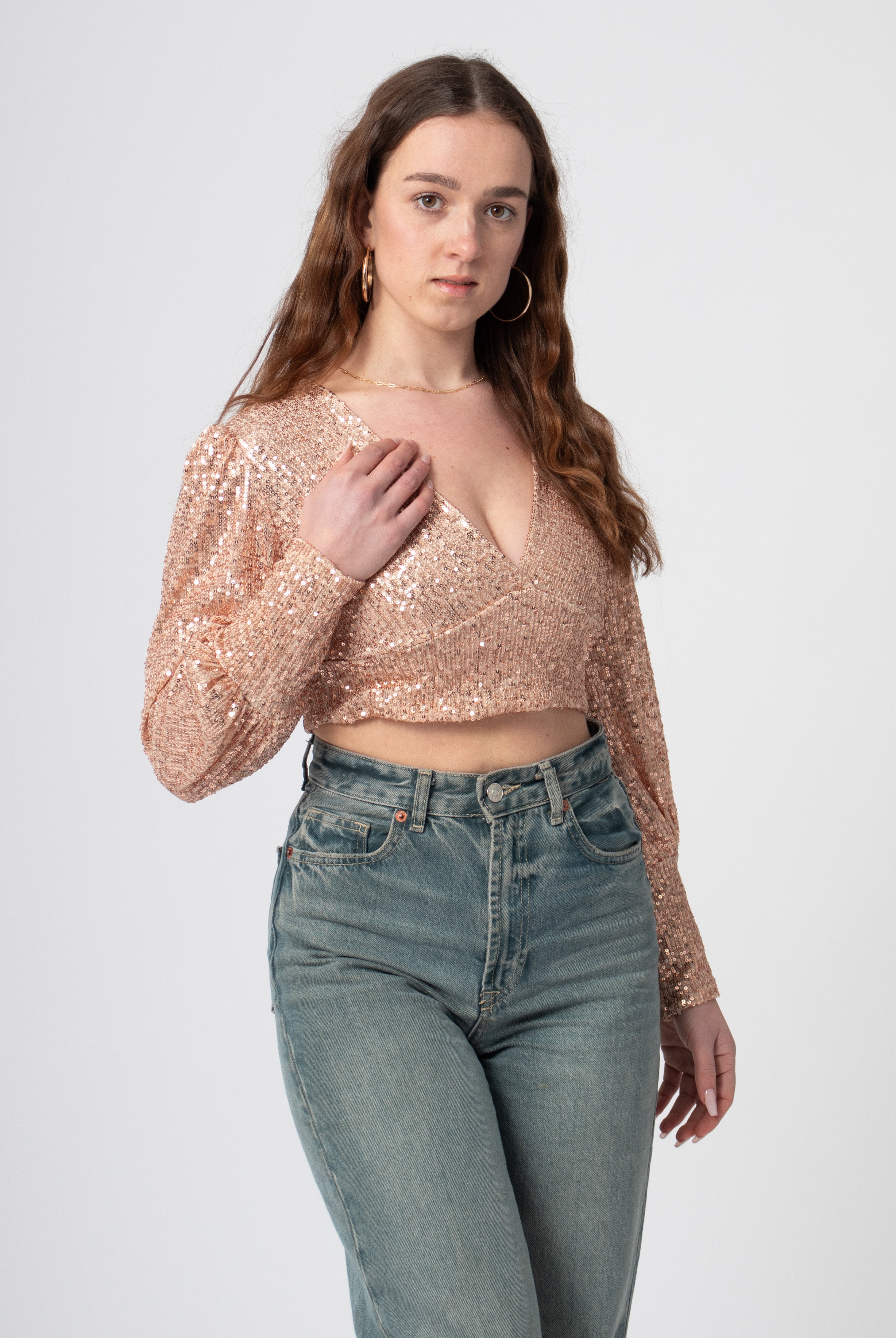 sequin glitter blouse crop top met lange mouw en diepe hals