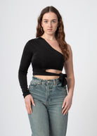 zwarte one shoulder top uitgesneden