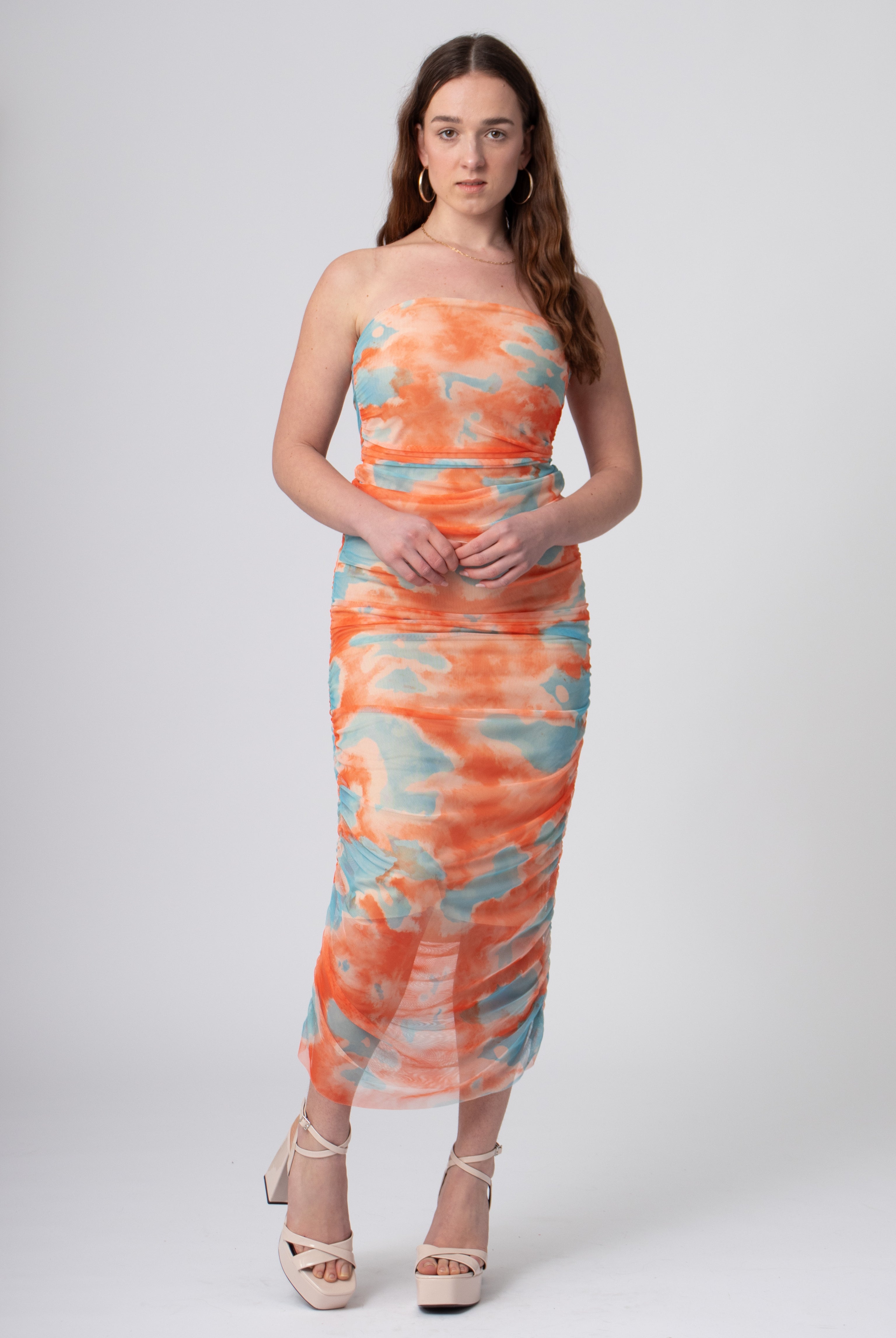 lange tie dye rok van geruched mesh blauw oranje
