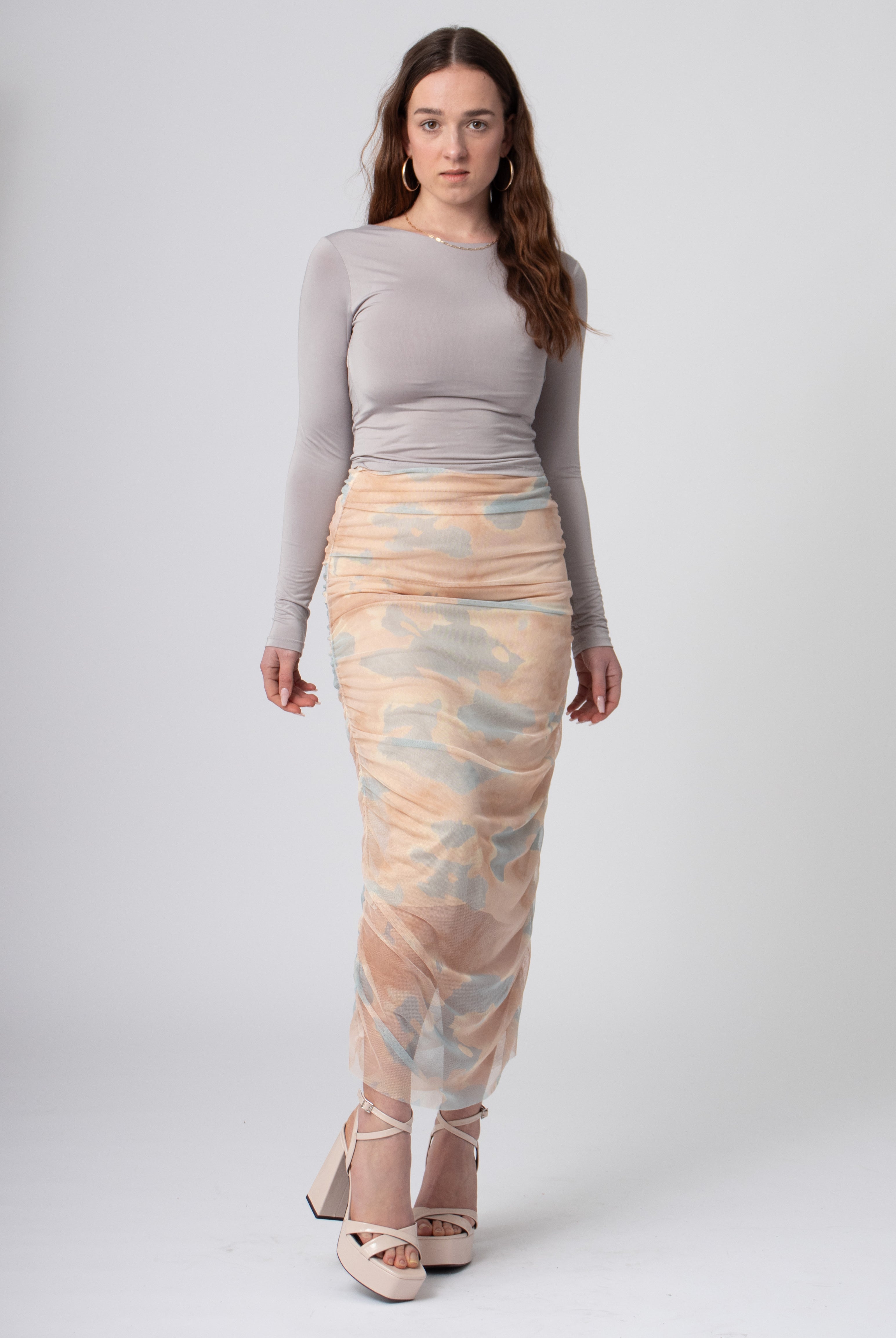 lange tie dye rok van geruched mesh blauw beige