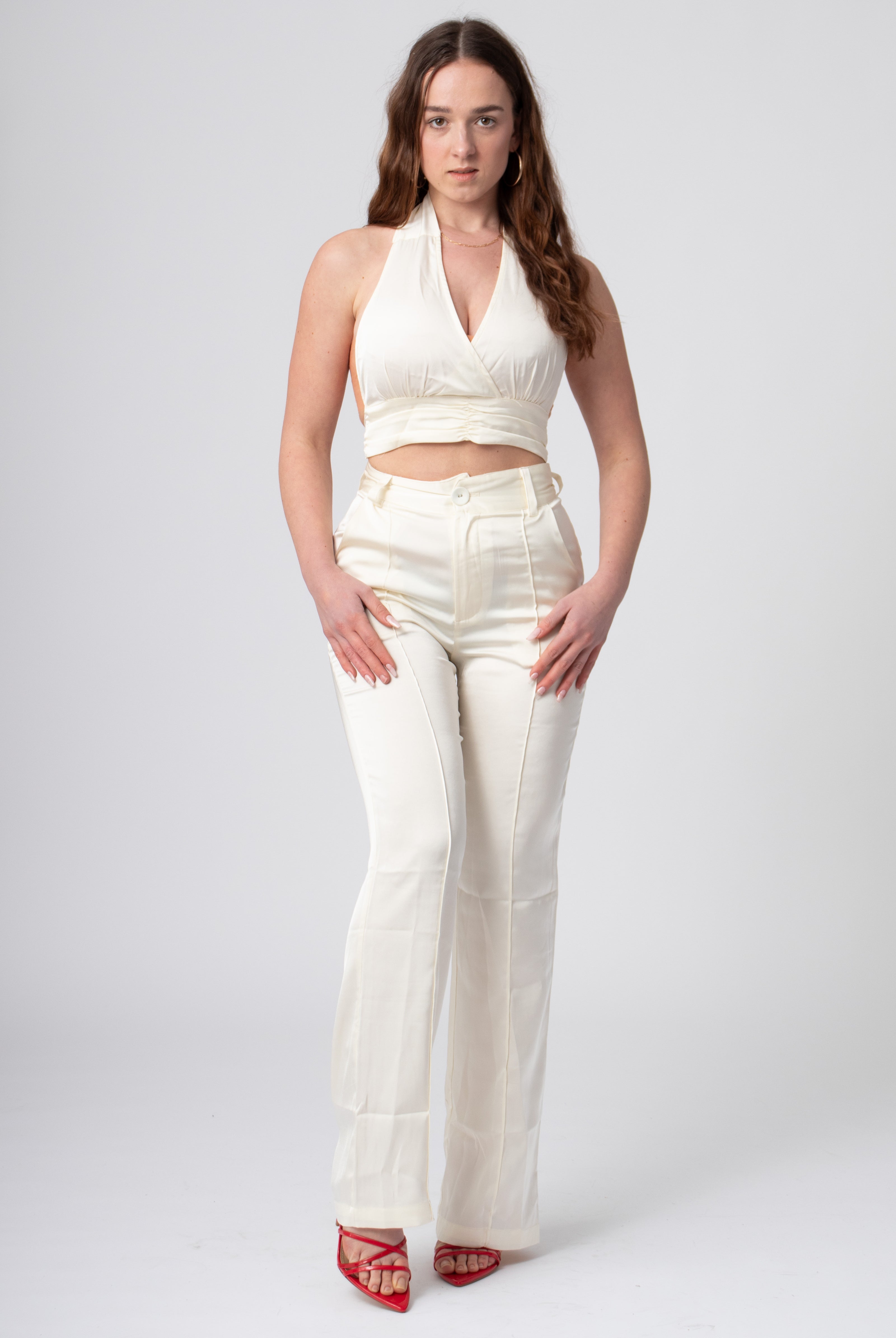satijnen straight leg pantalon met zakken wit