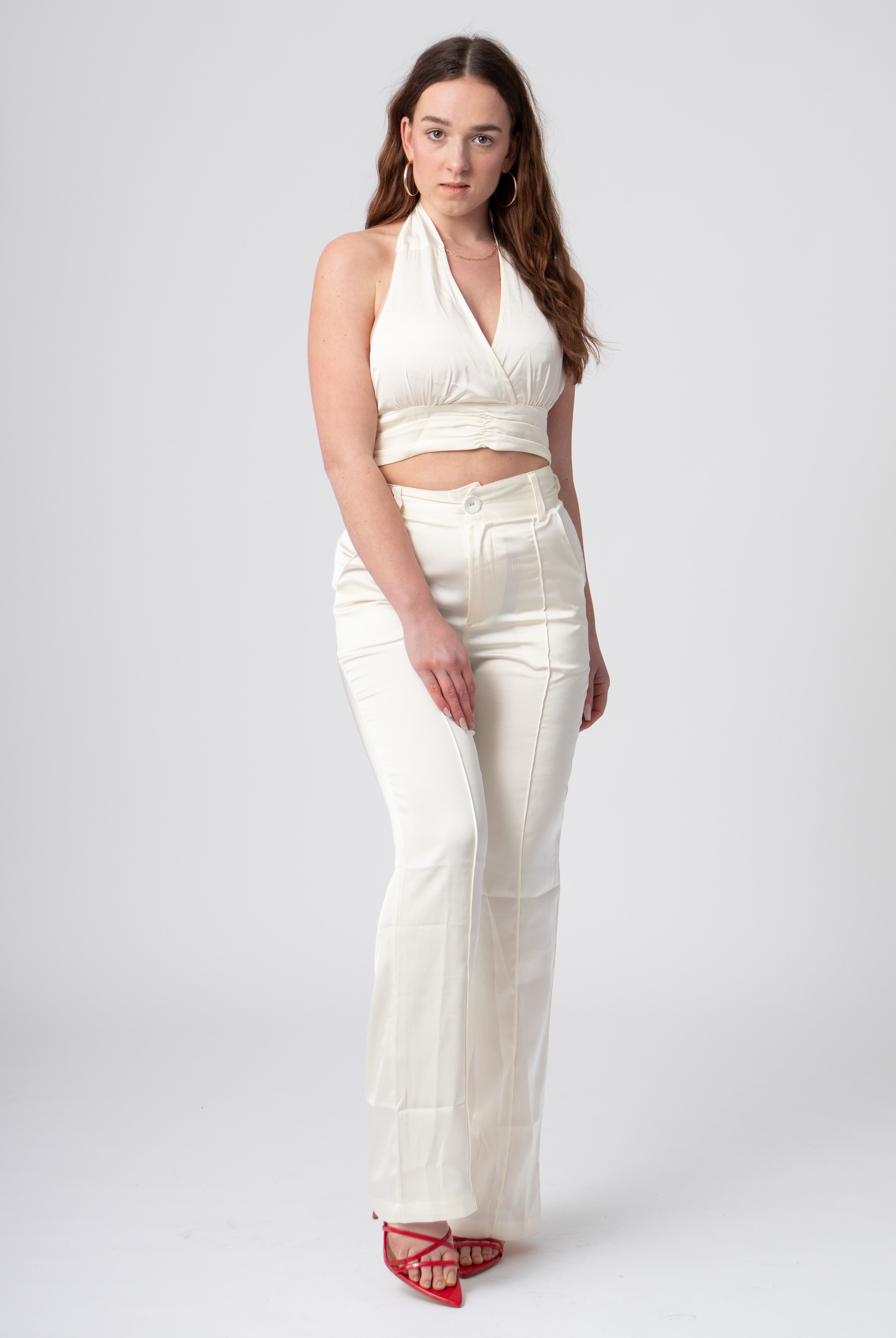 satijnen straight leg pantalon met zakken wit