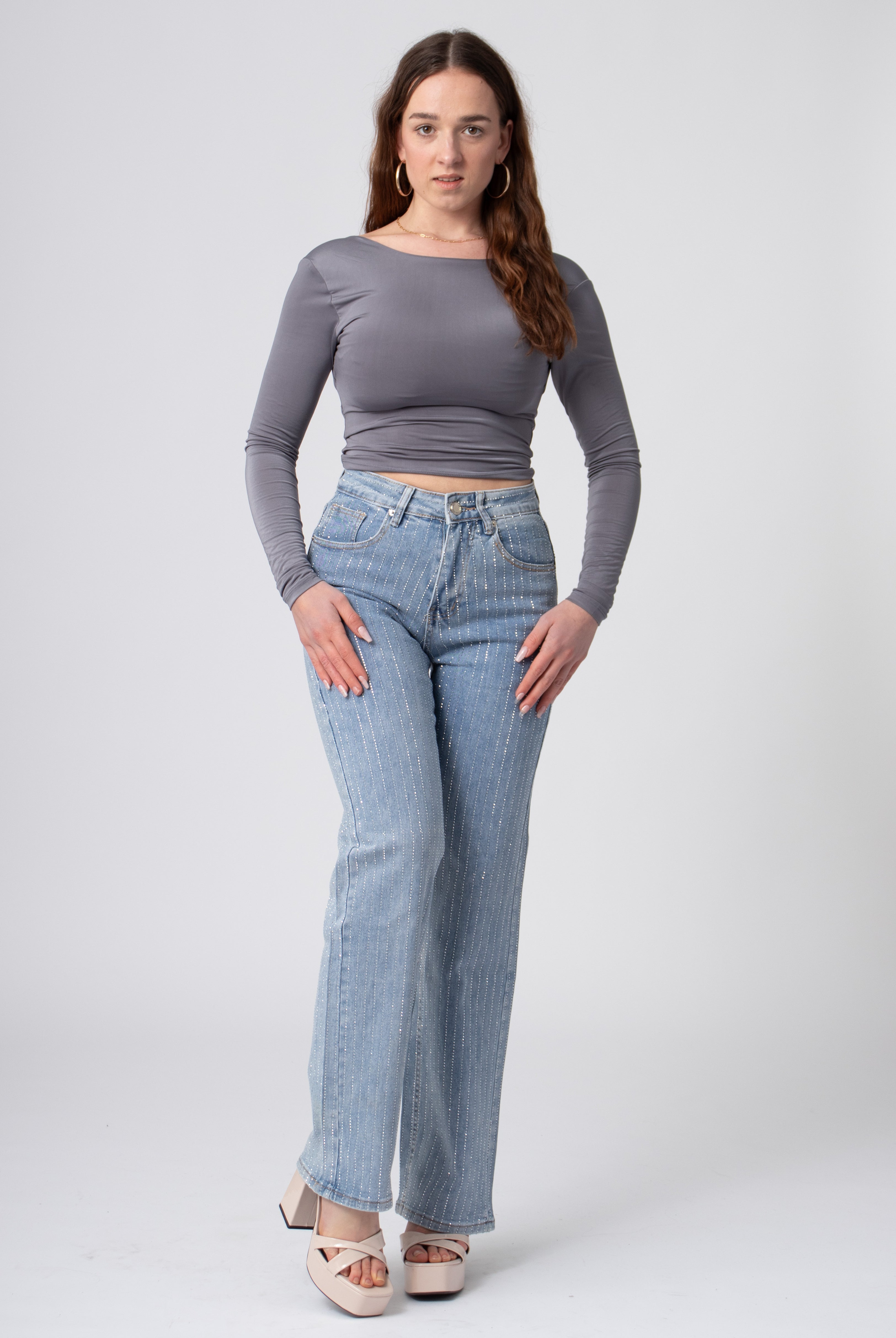 denim broek met glanzende steentjes