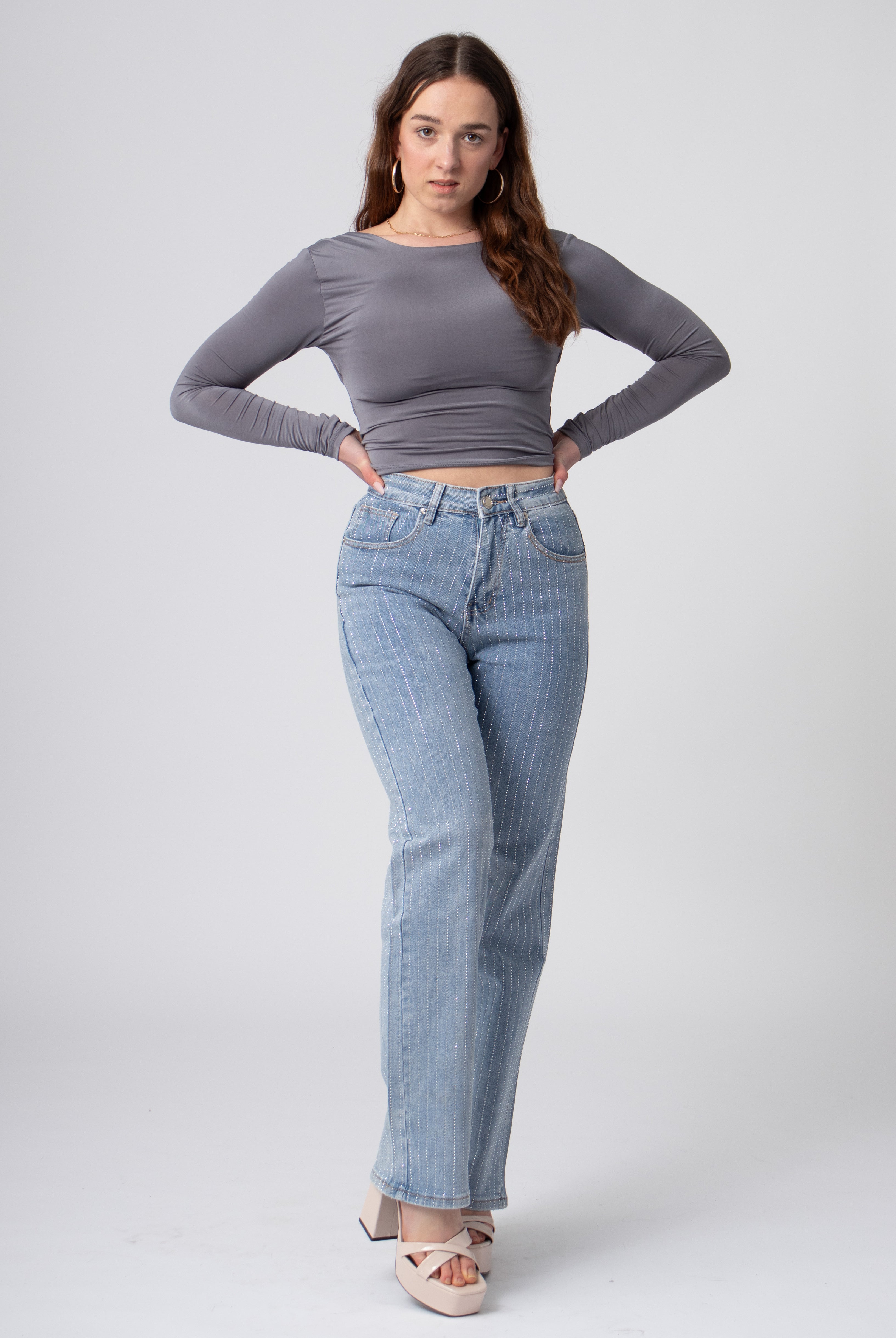 denim broek met glanzende steentjes