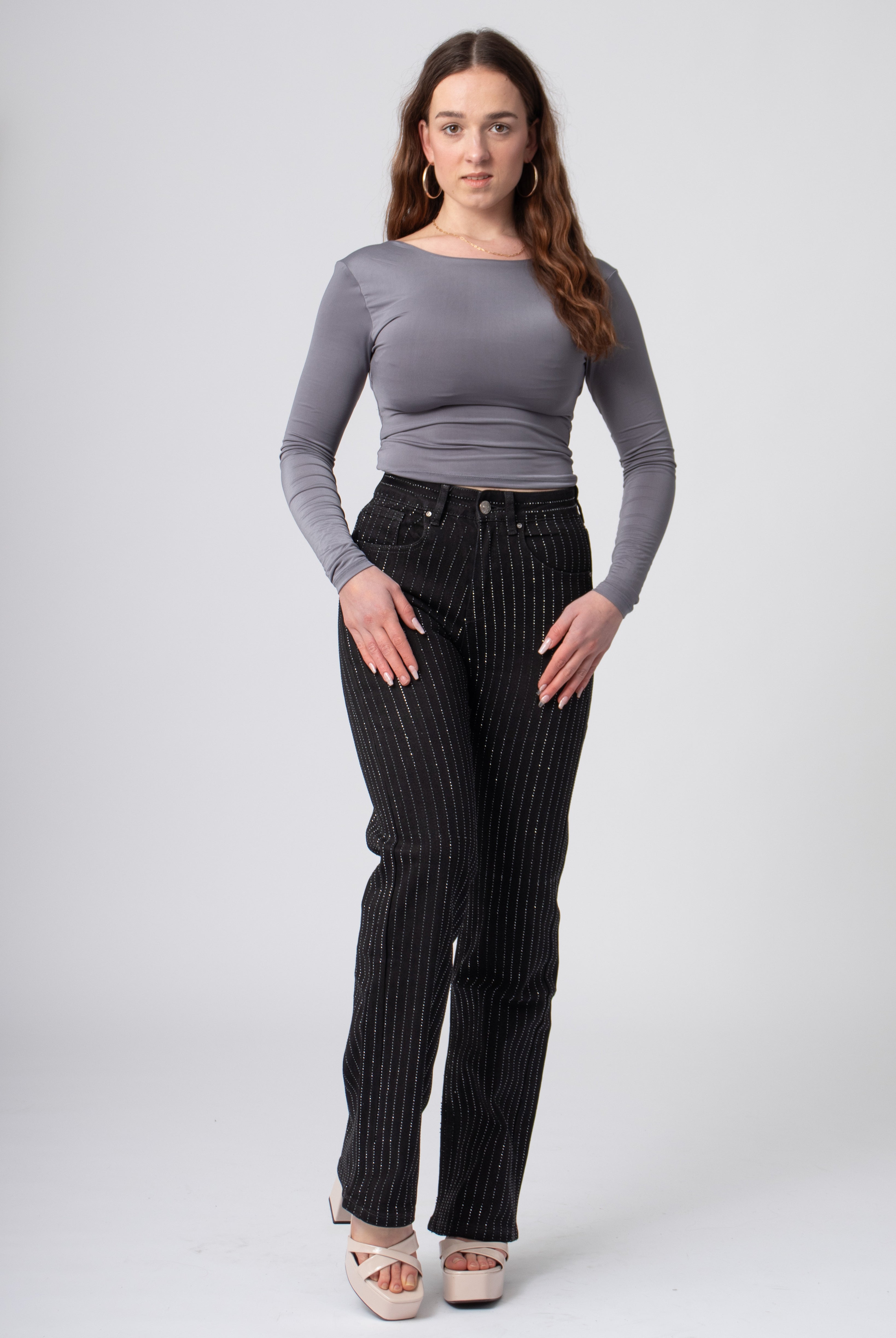 zwarte denim broek met glanzende steentjes