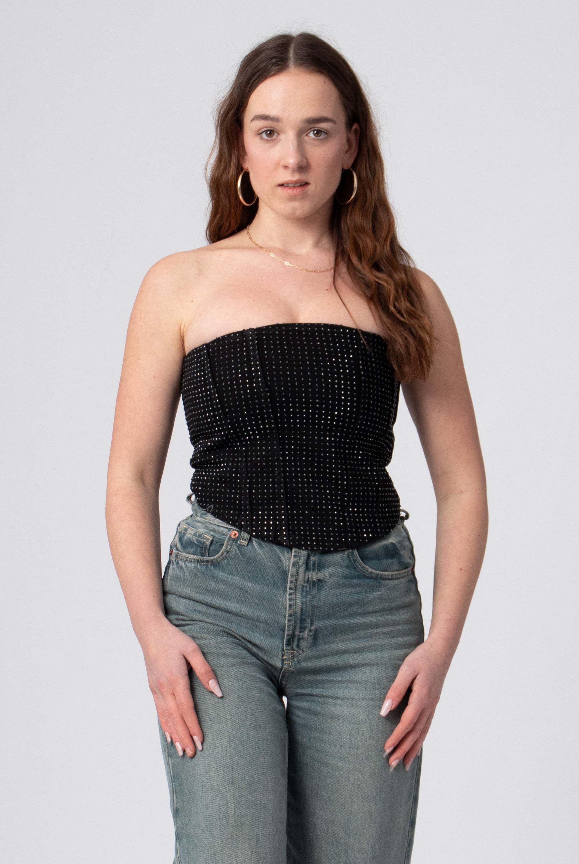 zwarte denim bandeau korset top met glanzende steentjes