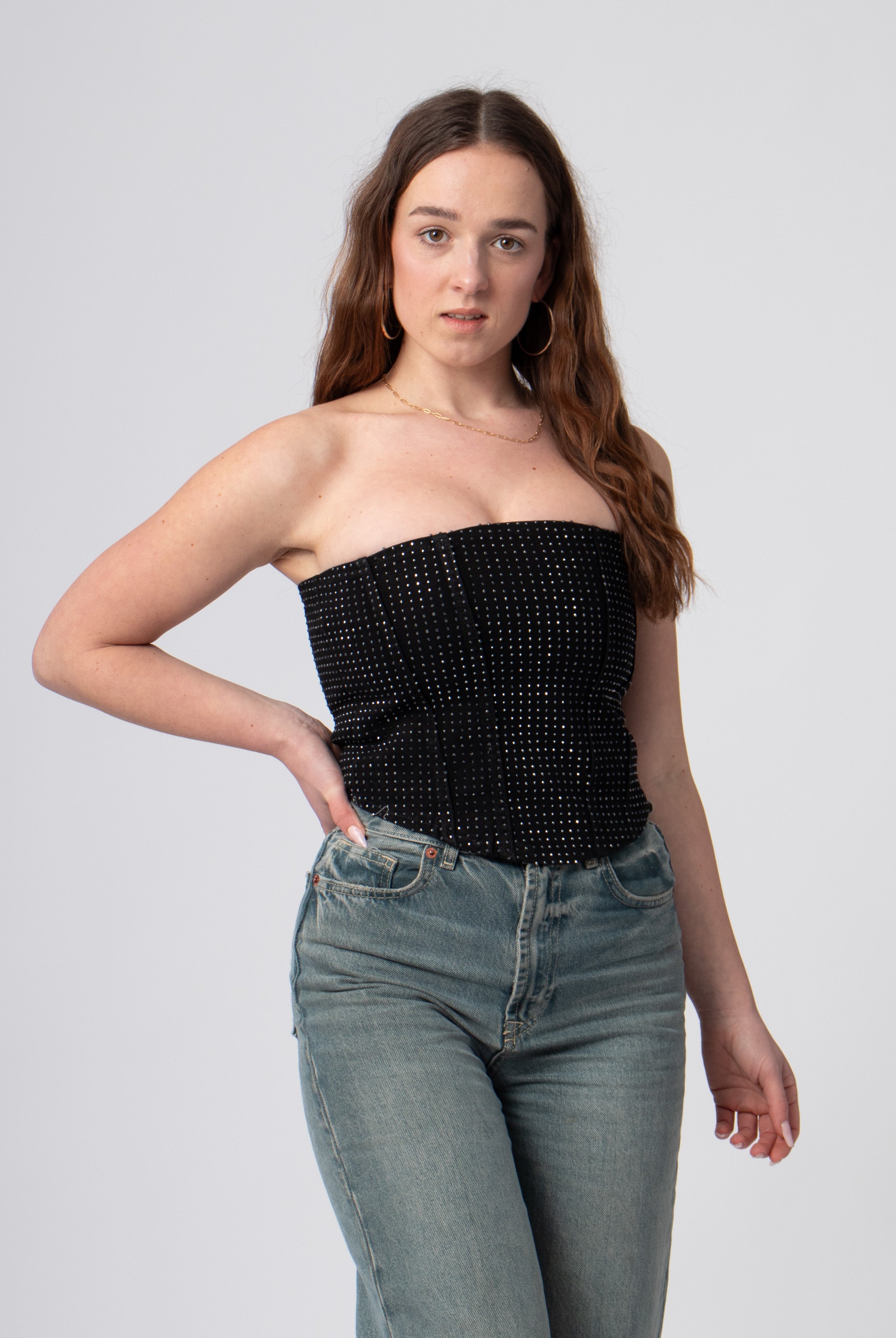 zwarte denim bandeau korset top met glanzende steentjes