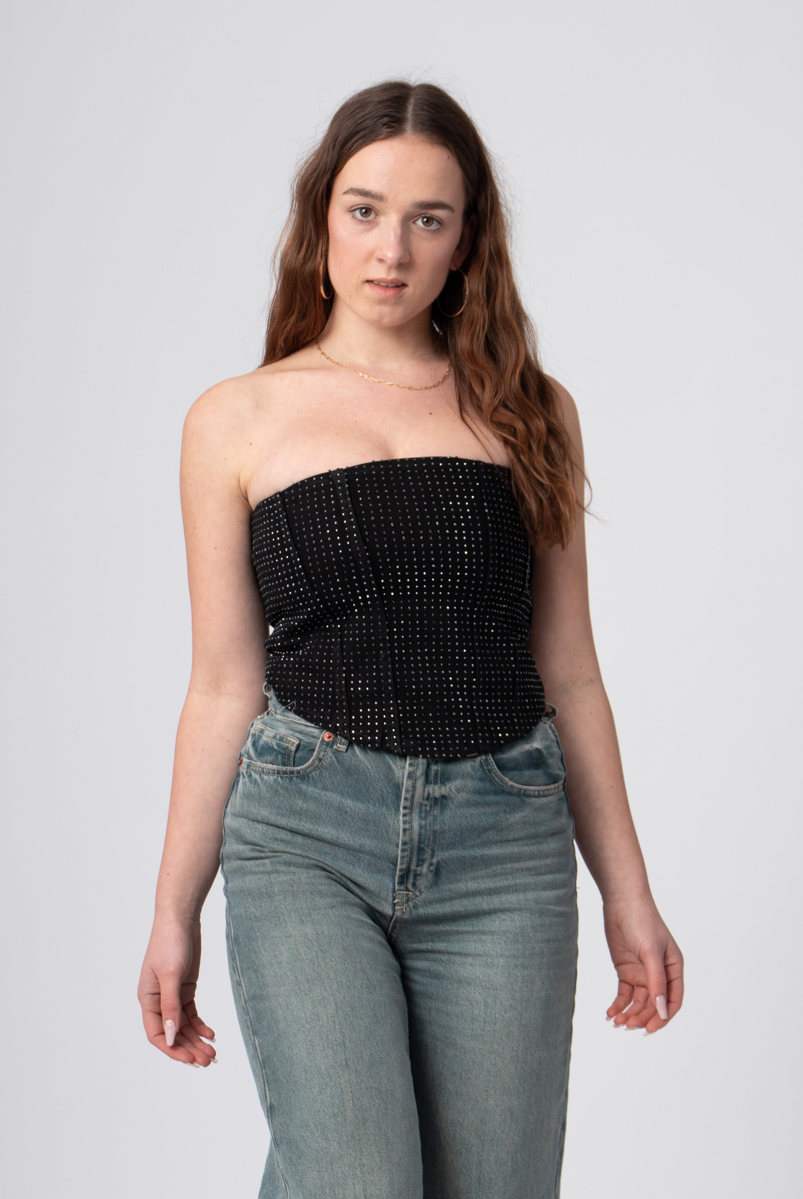 zwarte denim bandeau korset top met glanzende steentjes