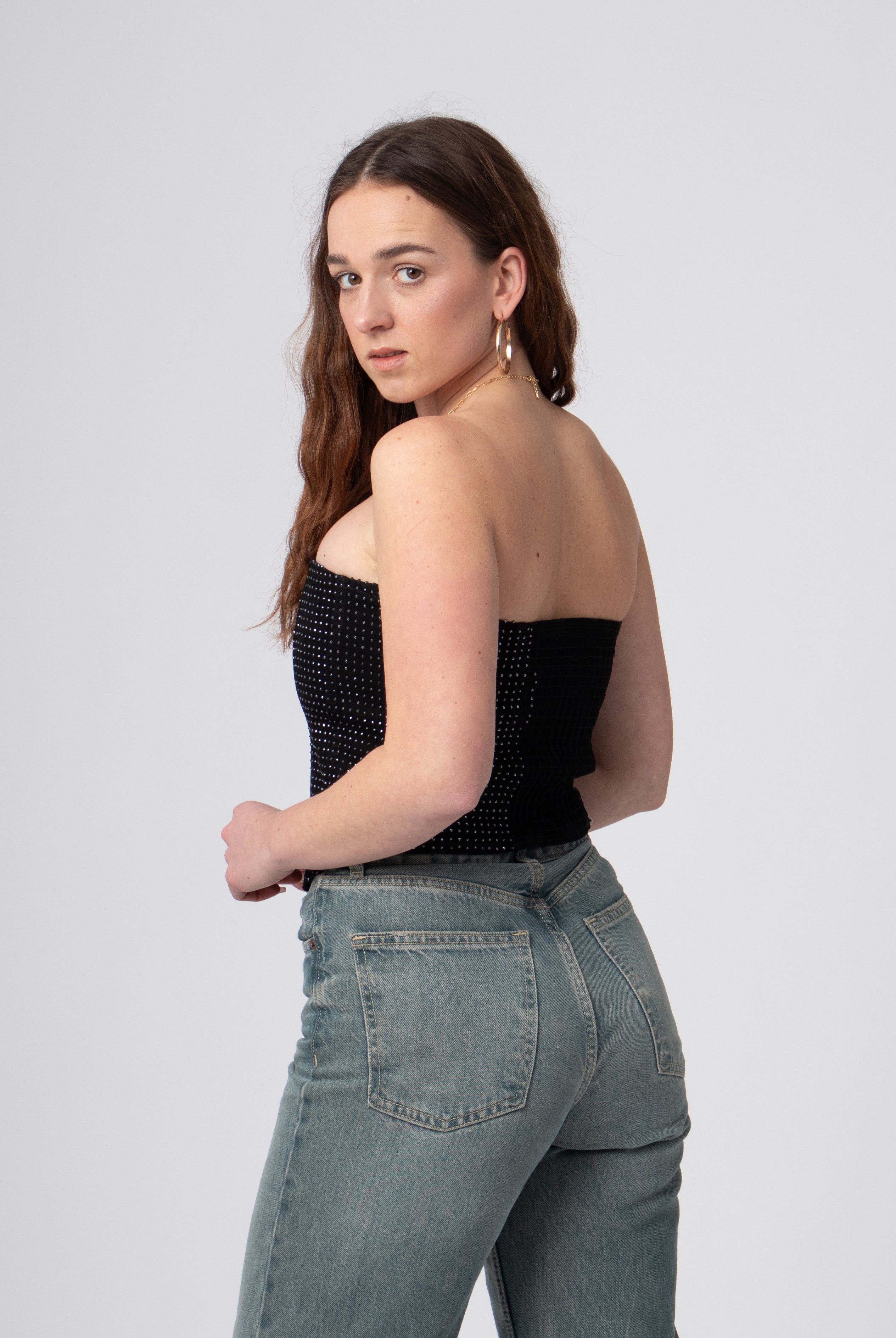 zwarte denim bandeau korset top met glanzende steentjes