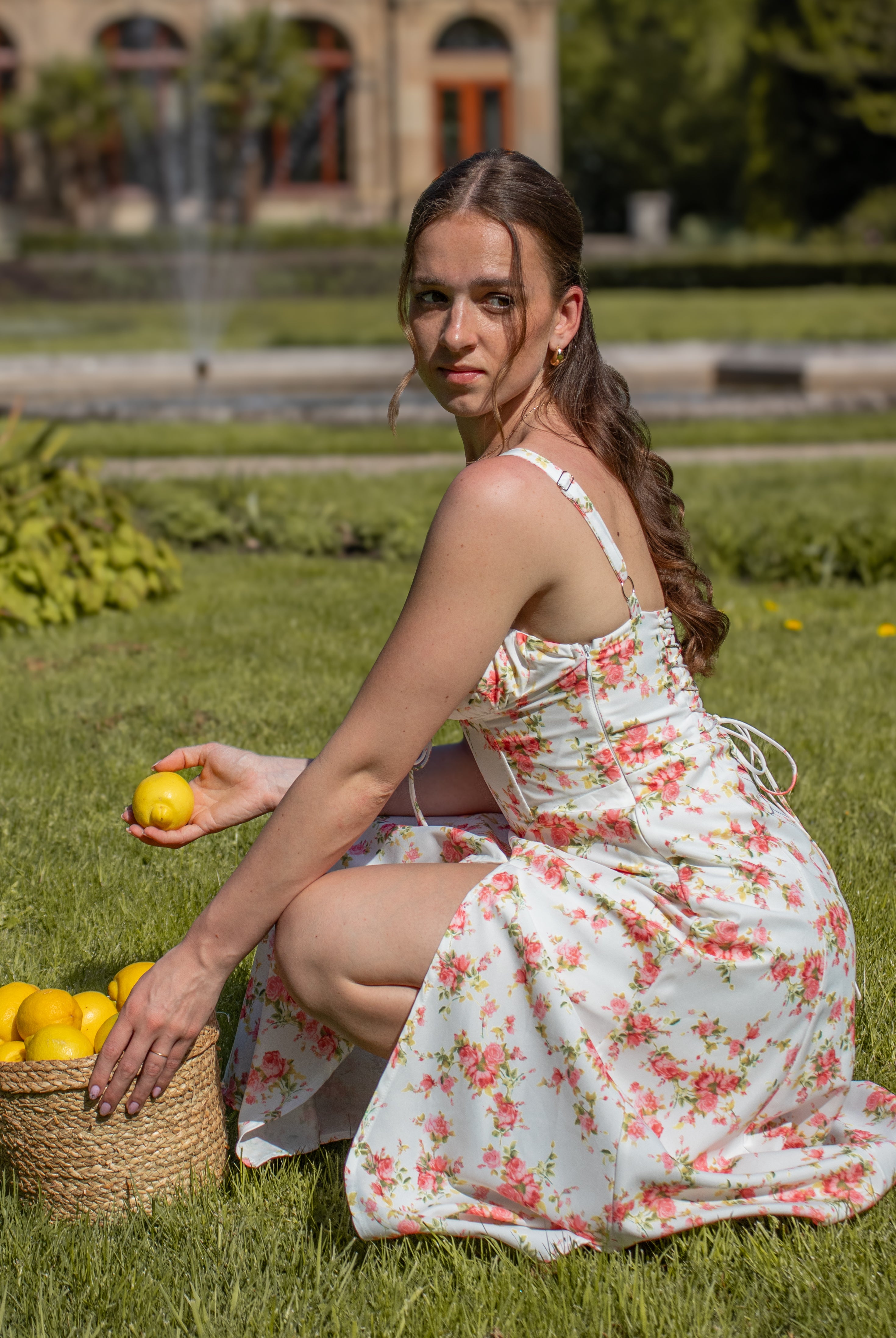 roze bloemenprint midi jurk corset lijfje spaghetti bandjes en split