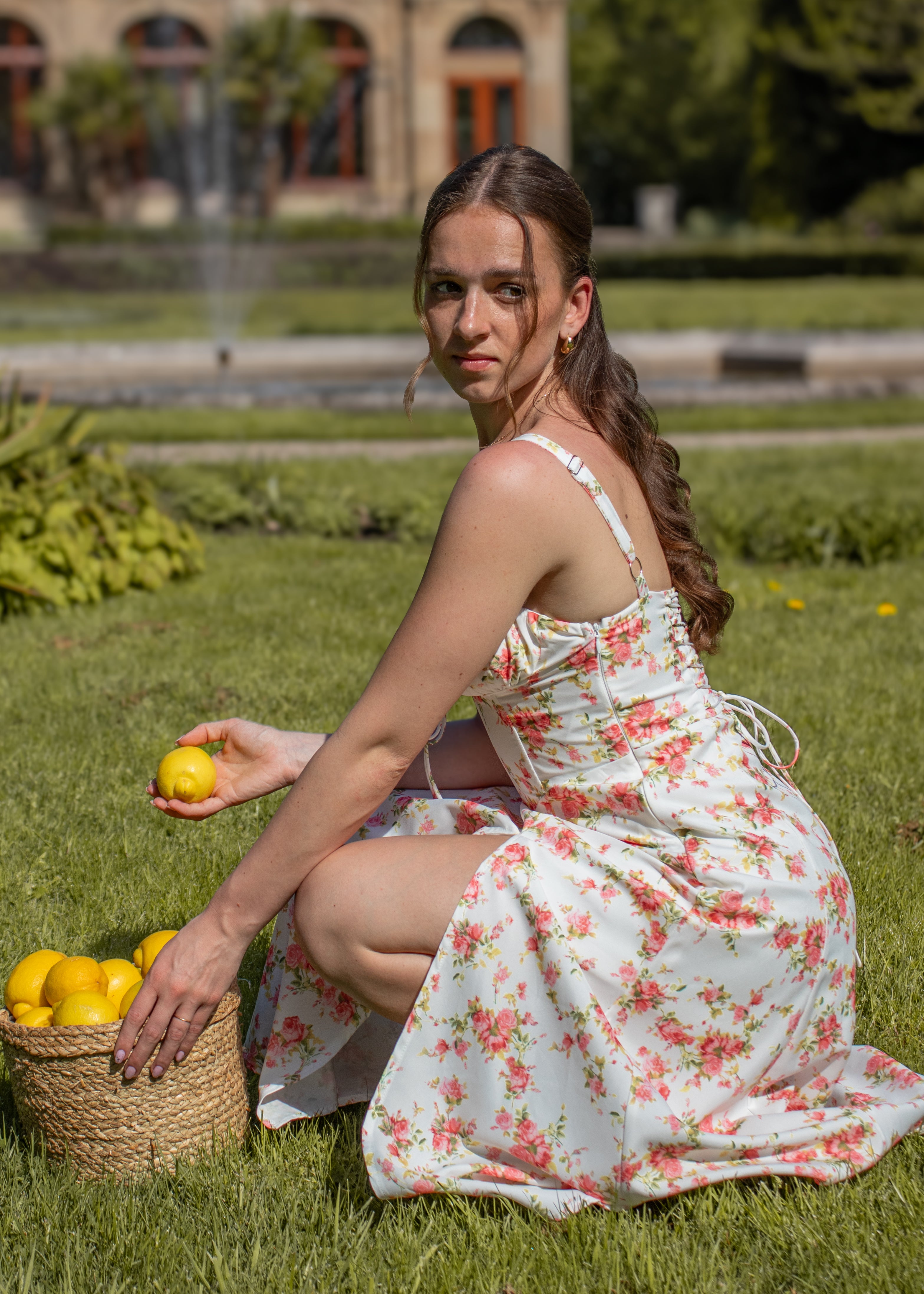 roze bloemenprint midi jurk corset lijfje spaghetti bandjes en split