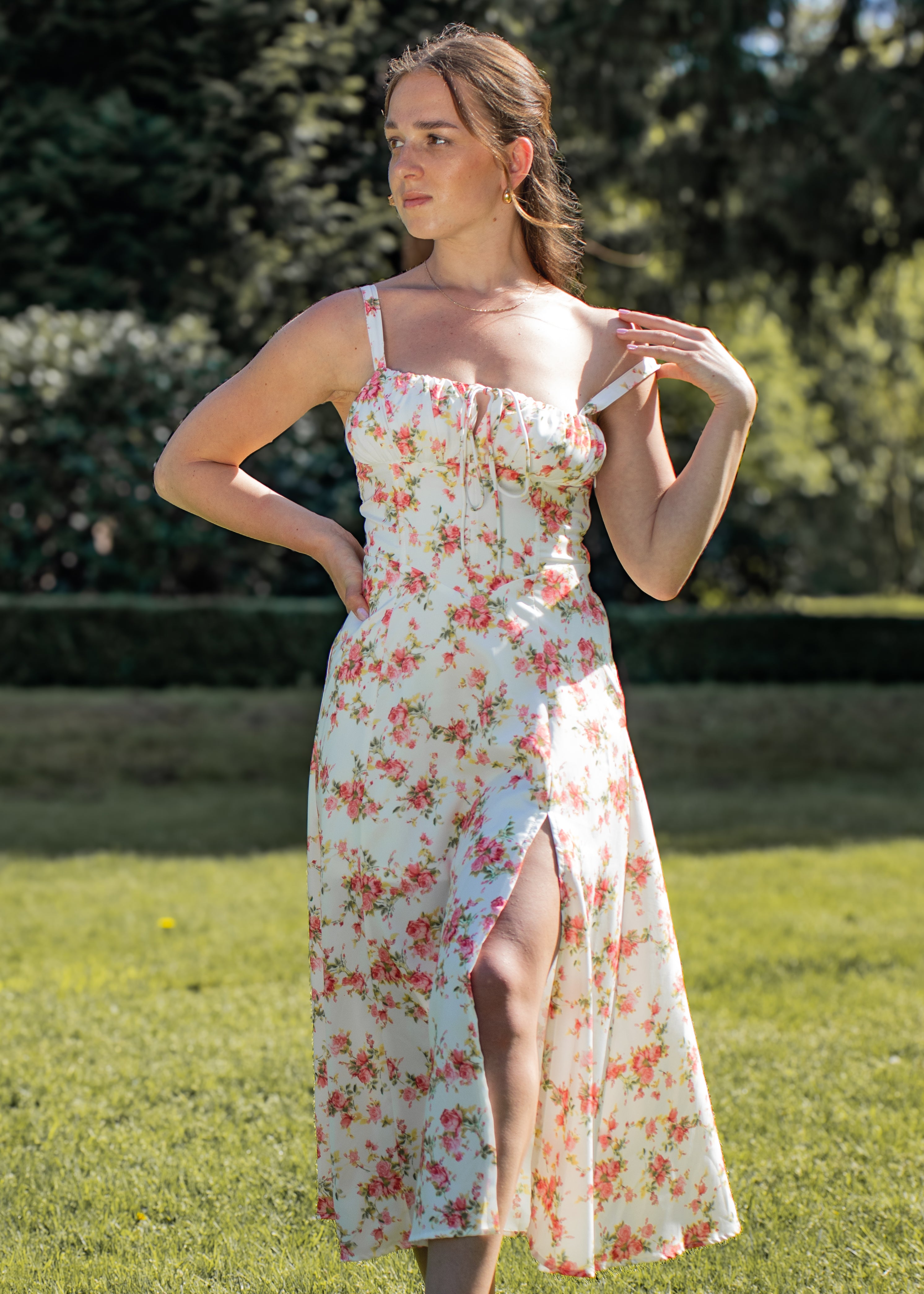 roze bloemenprint midi jurk corset lijfje spaghetti bandjes en split