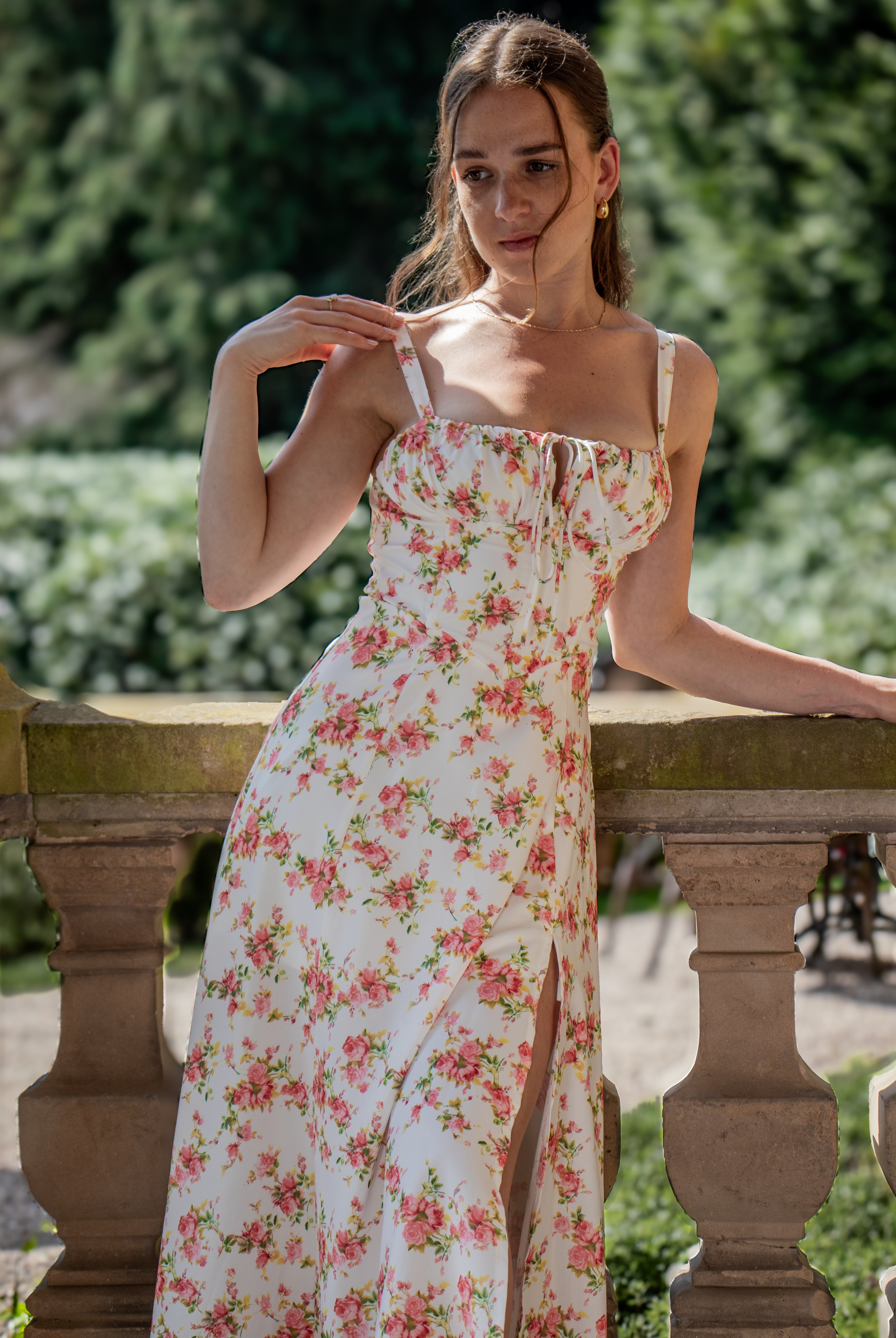 roze bloemenprint midi jurk corset lijfje spaghetti bandjes en split