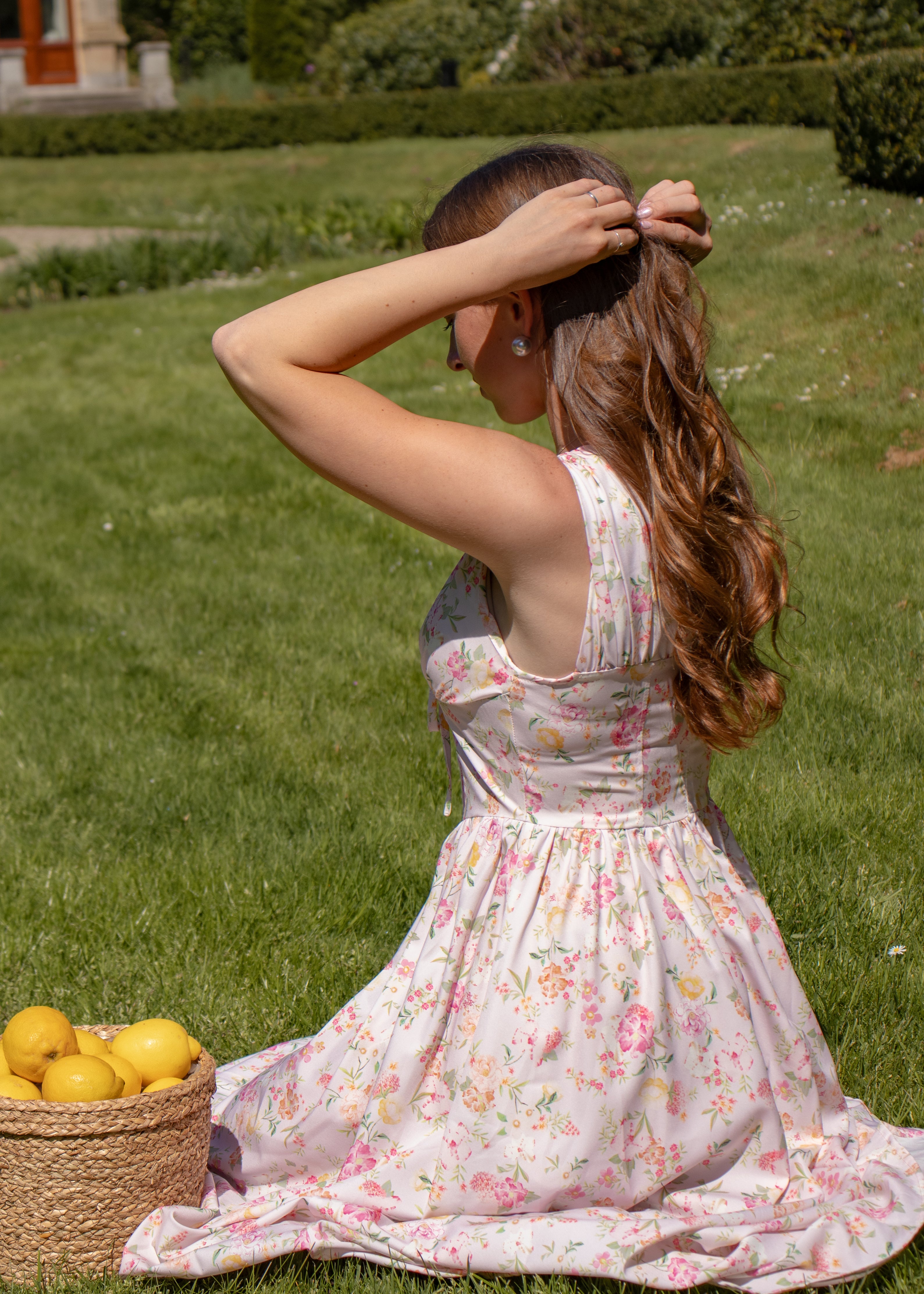 bloemenprint midi jurk roze lage hals met zakken