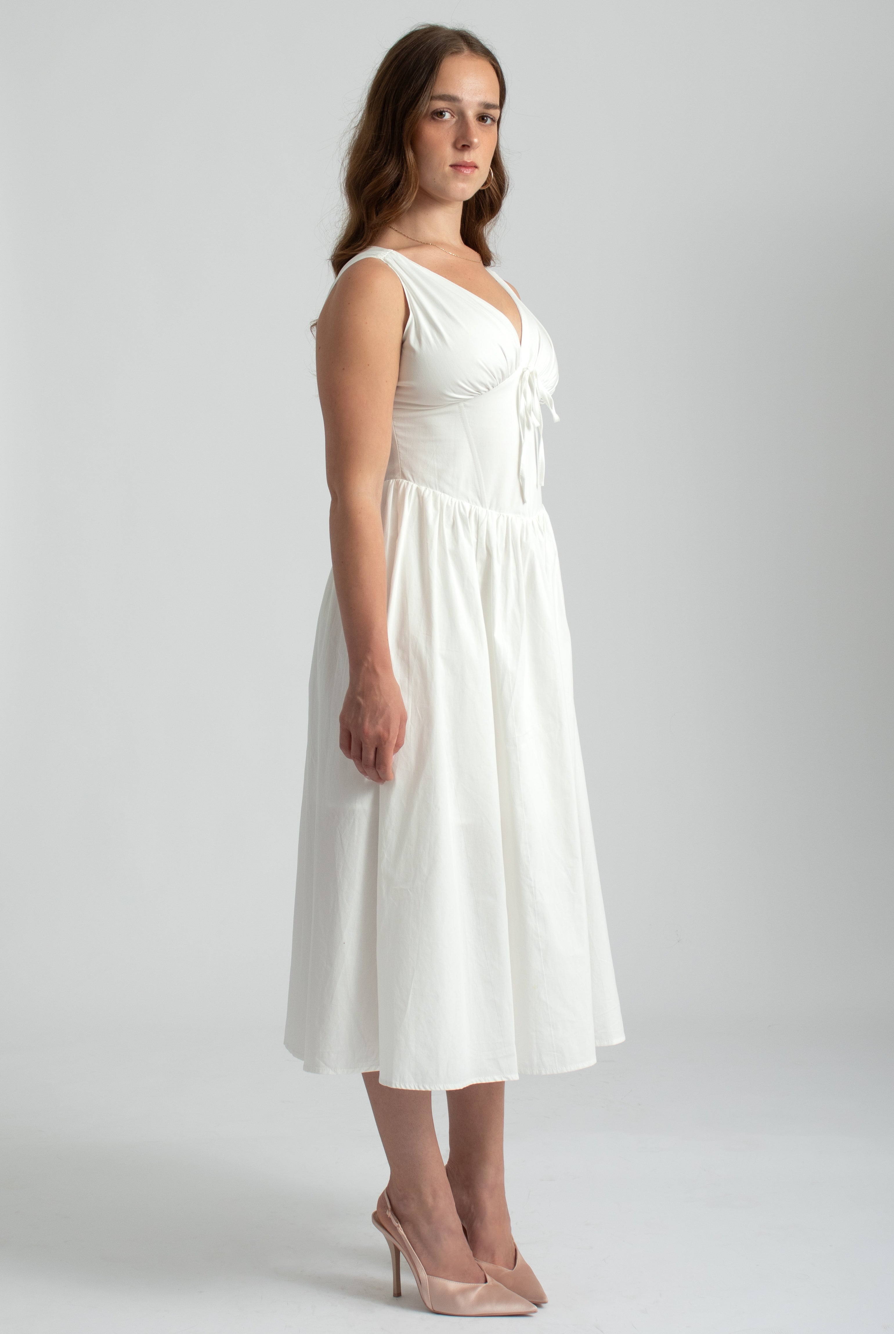 zomer midi jurk wit met corset lijfje en lage hals