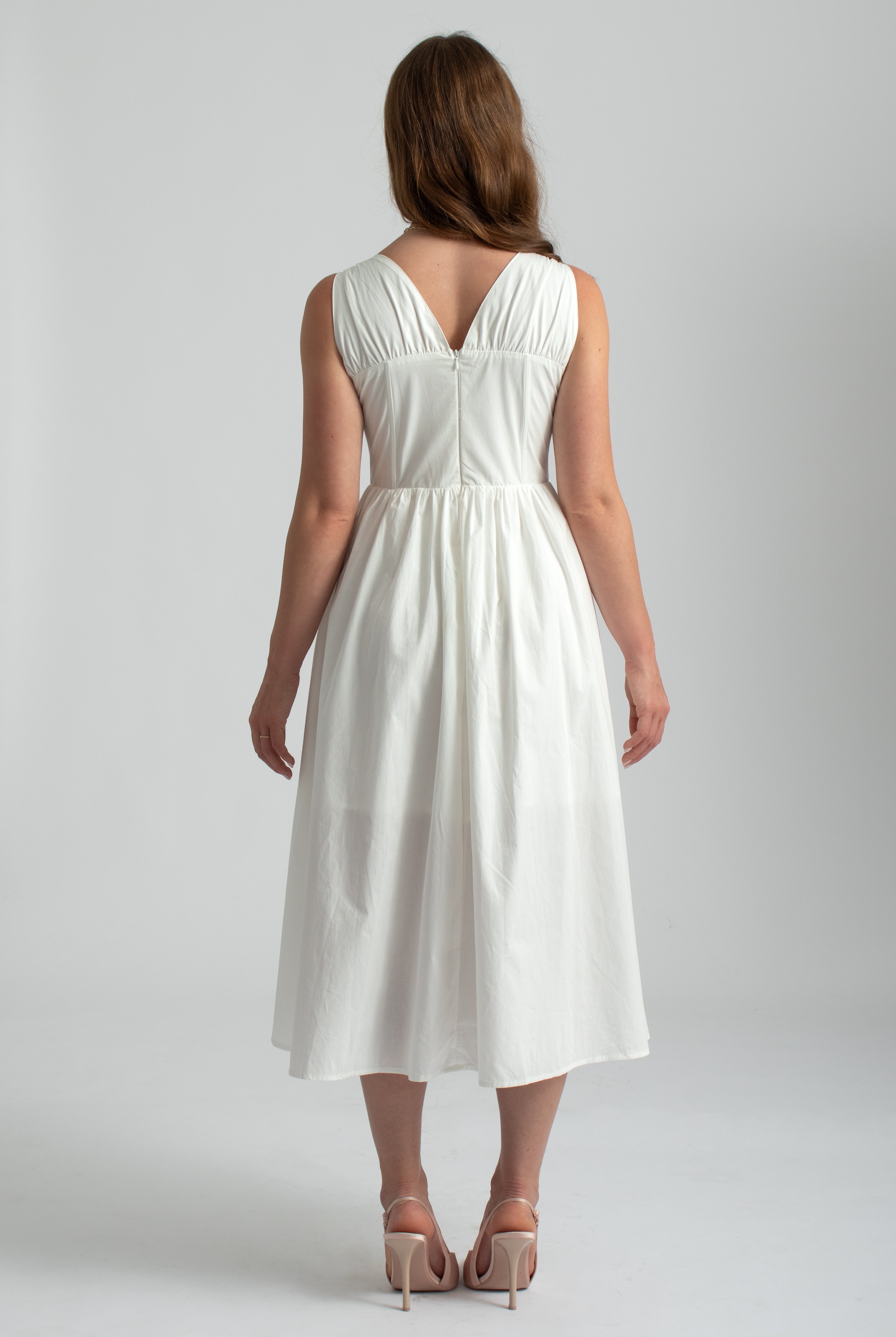 zomer midi jurk wit met corset lijfje en lage hals