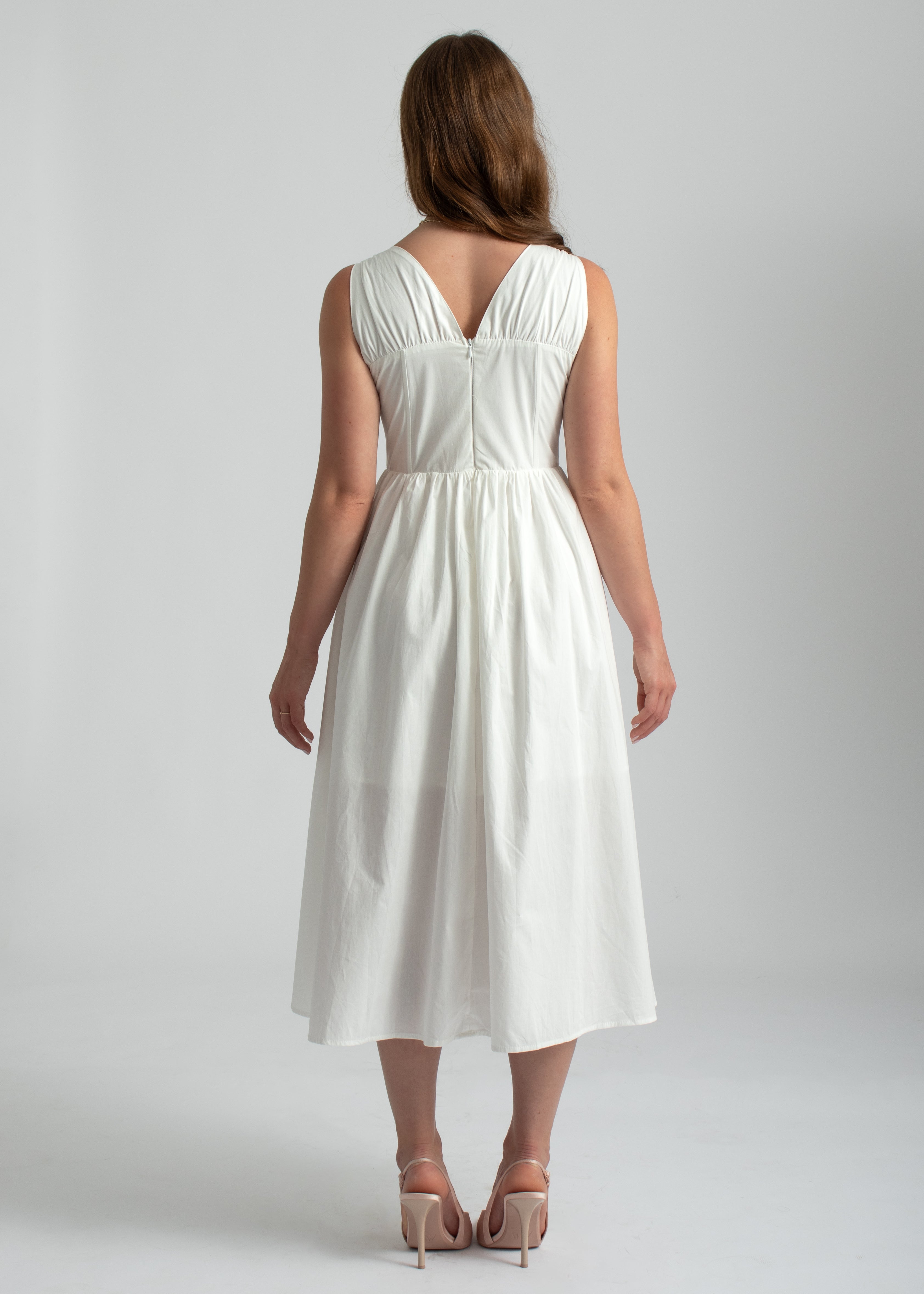 zomer midi jurk wit met corset lijfje en lage hals