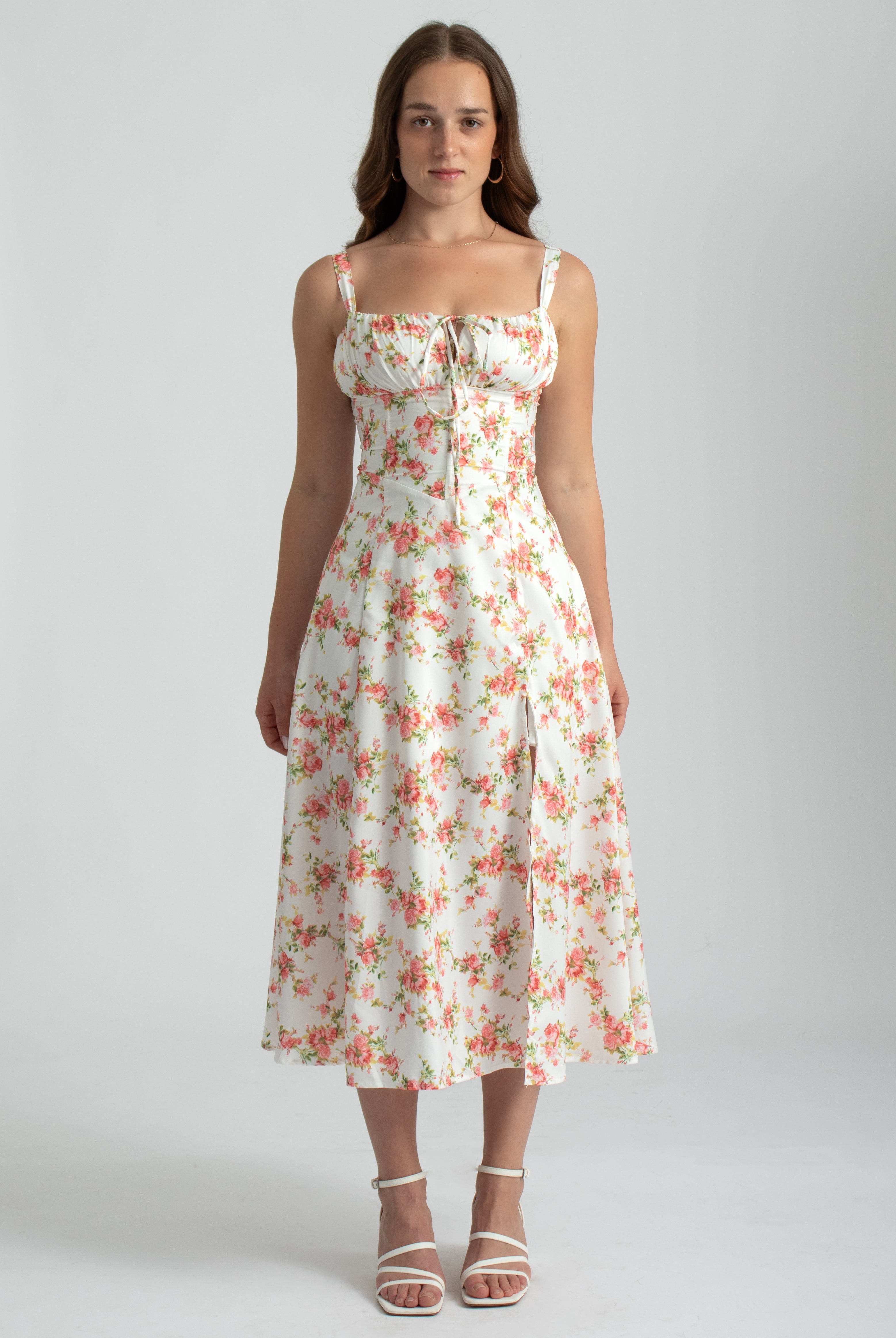 roze bloemenprint midi jurk corset lijfje spaghetti bandjes en split