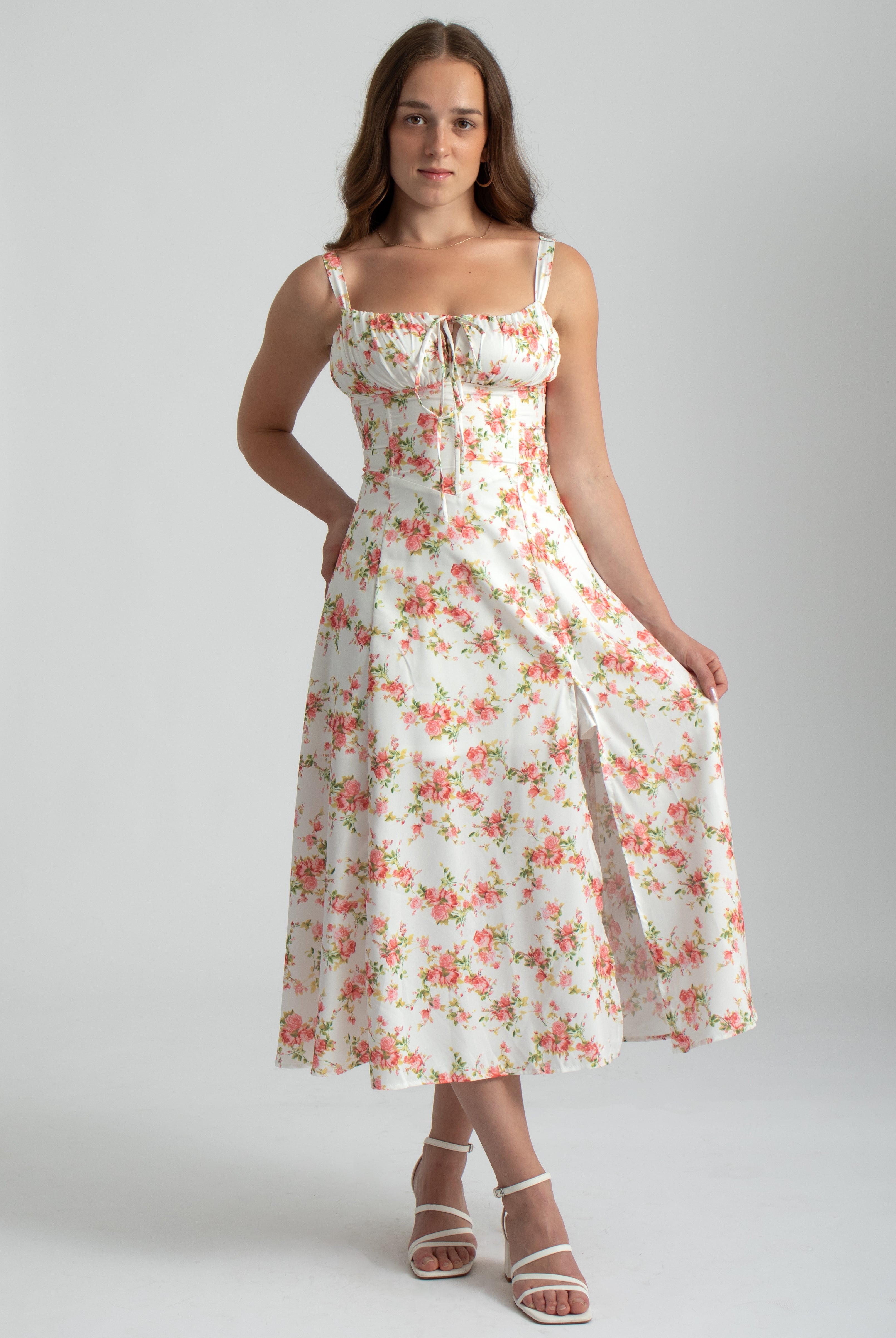 roze bloemenprint midi jurk corset lijfje spaghetti bandjes en split