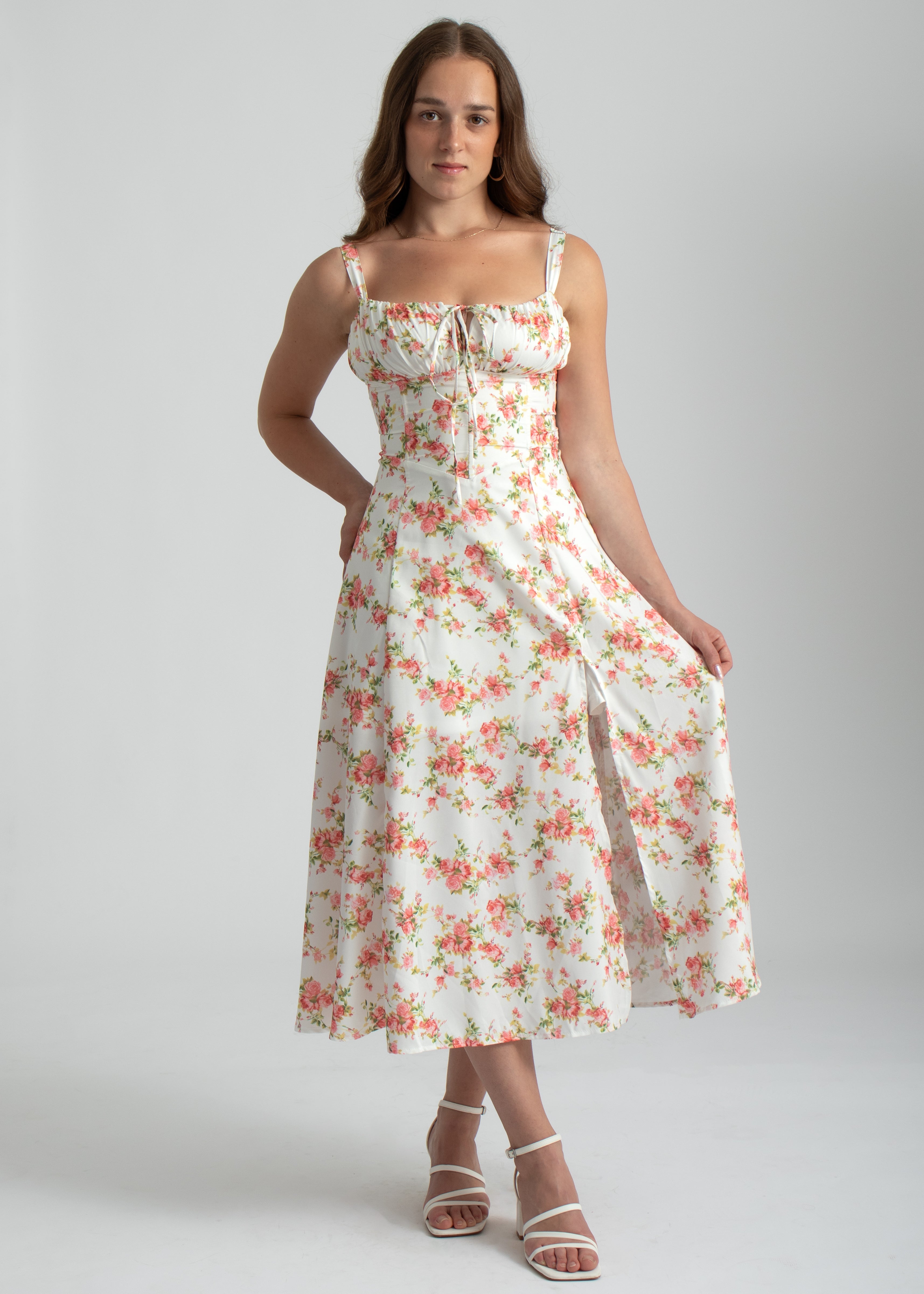 roze bloemenprint midi jurk corset lijfje spaghetti bandjes en split