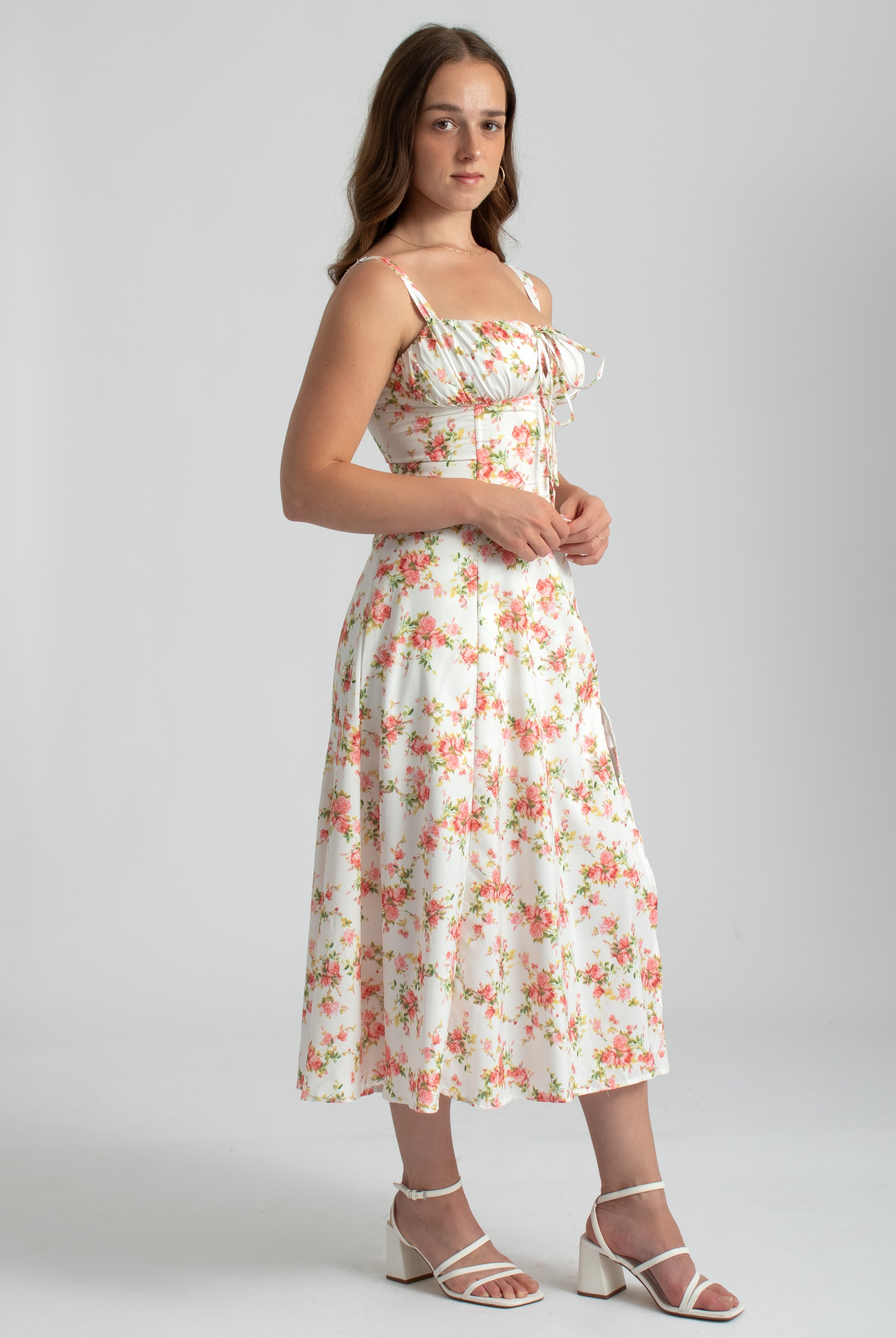 roze bloemenprint midi jurk corset lijfje spaghetti bandjes en split
