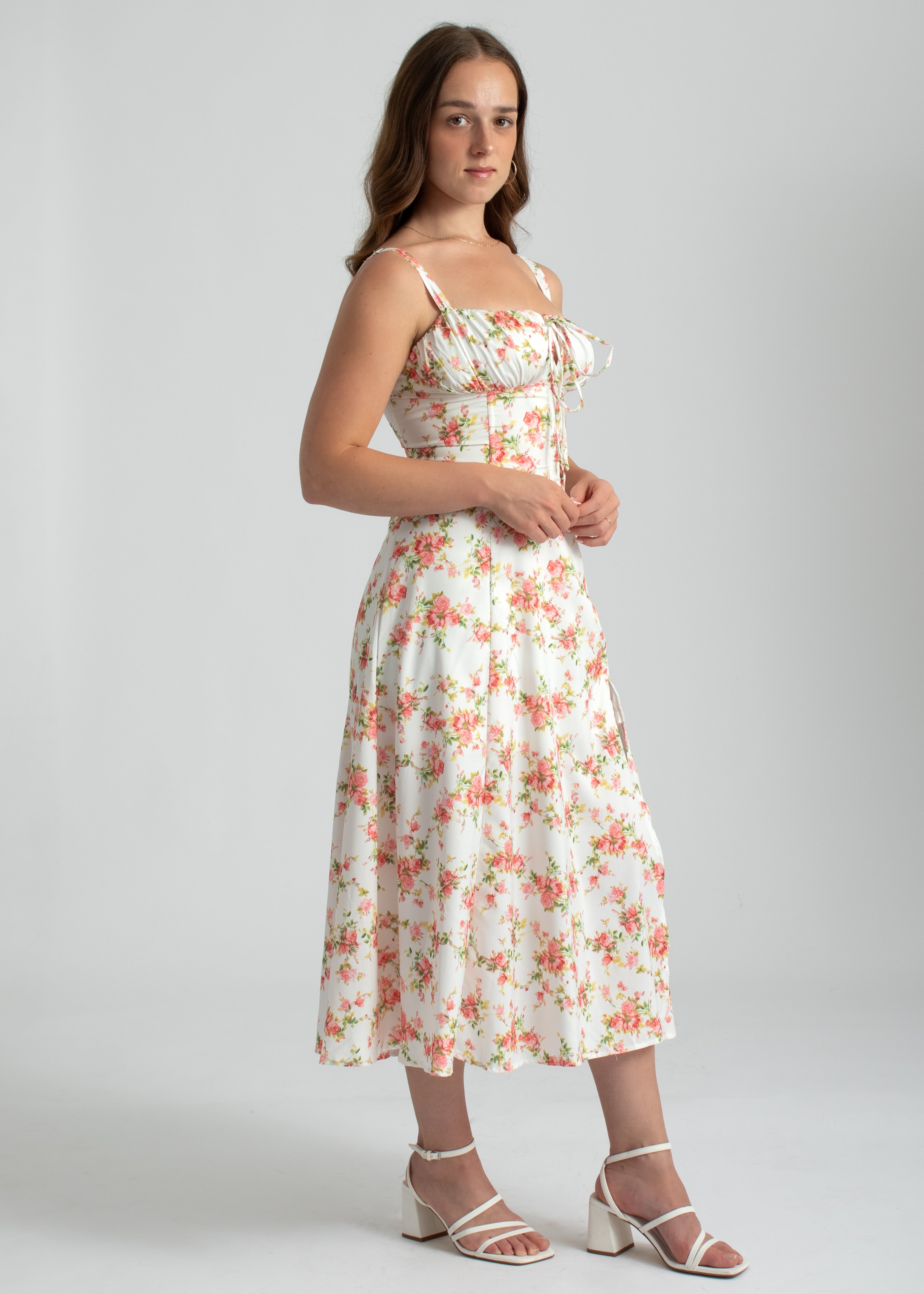 roze bloemenprint midi jurk corset lijfje spaghetti bandjes en split