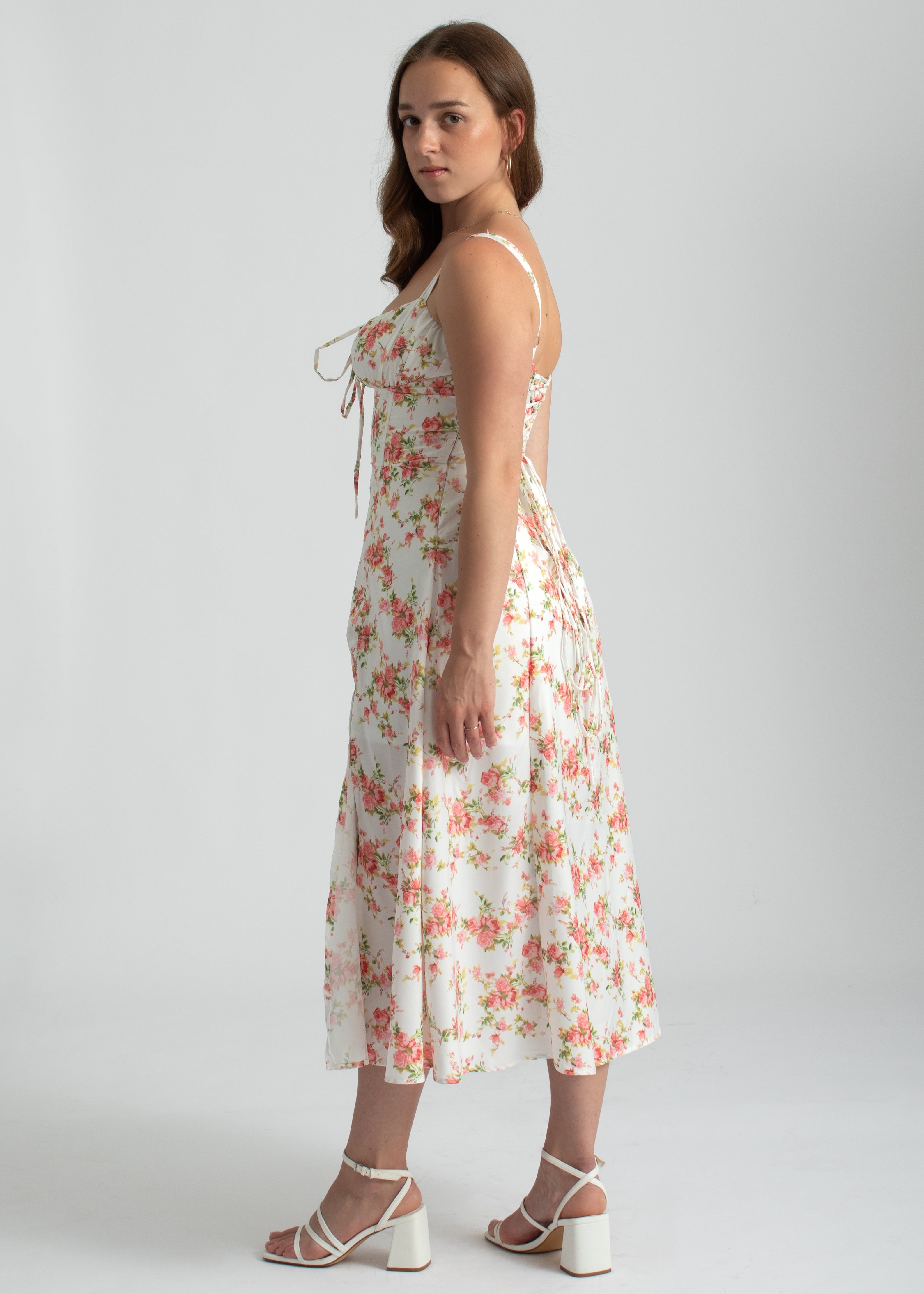 roze bloemenprint midi jurk corset lijfje spaghetti bandjes en split