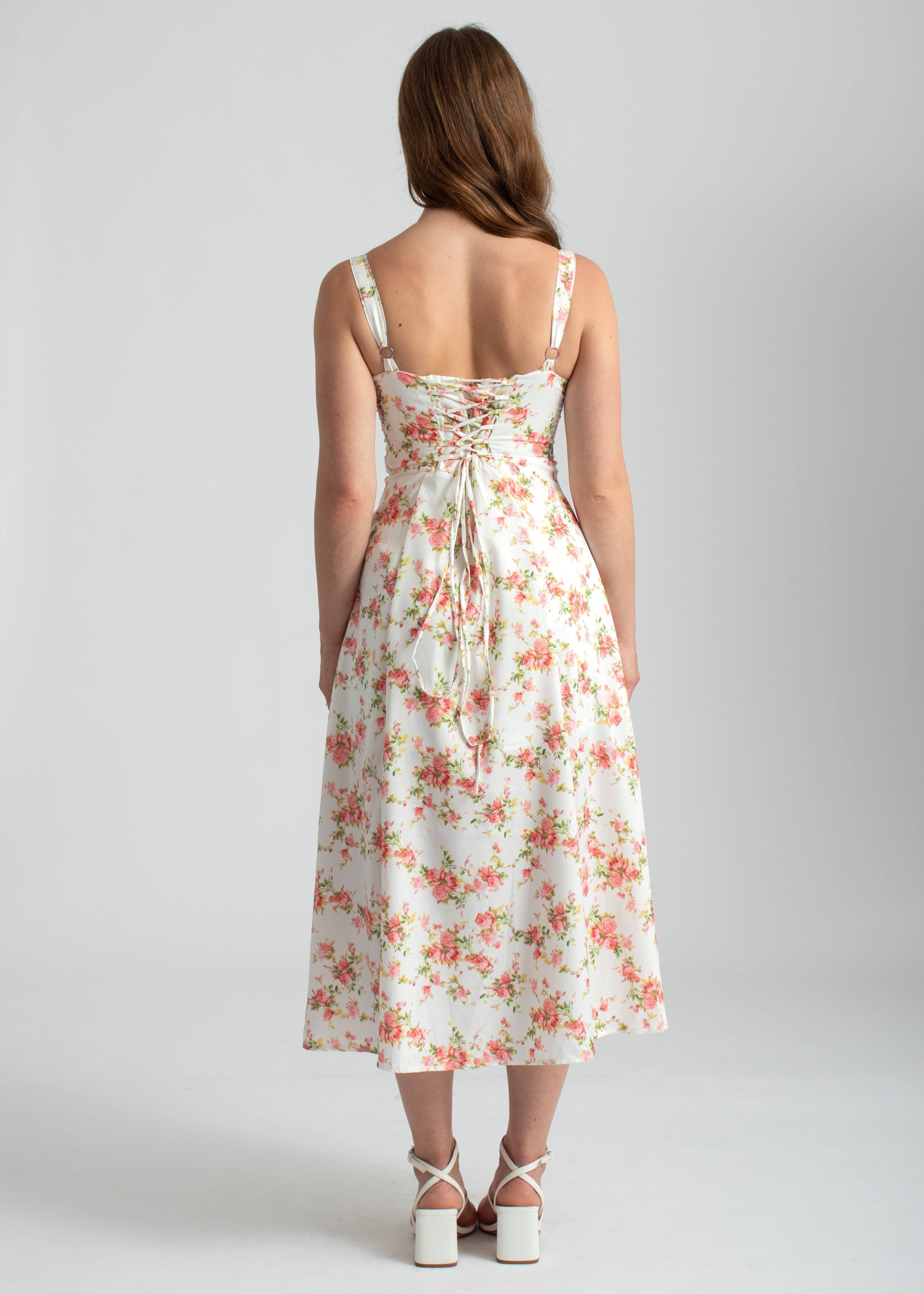 roze bloemenprint midi jurk corset lijfje spaghetti bandjes en split