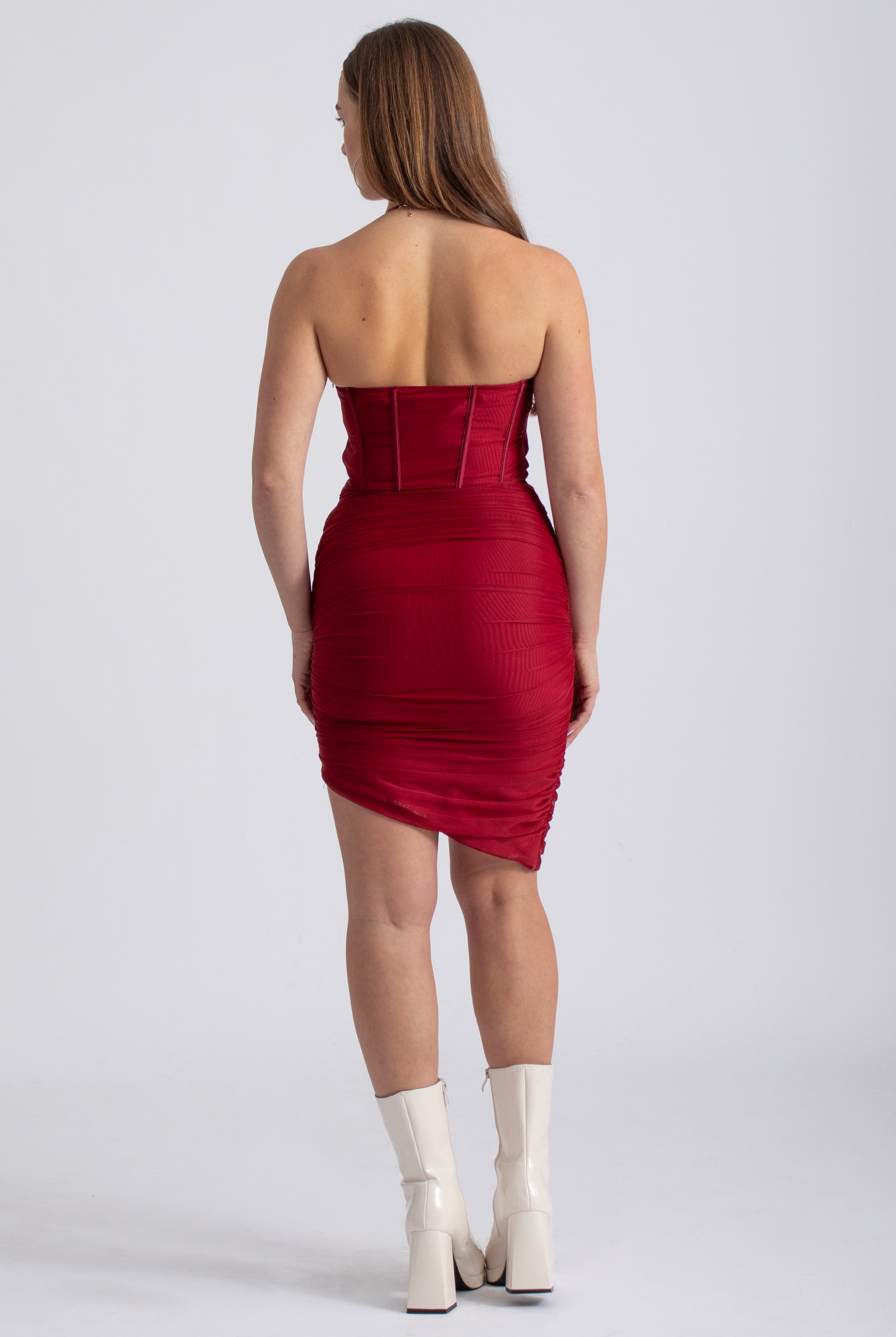 rode geplooide mesh bodycon mini jurk