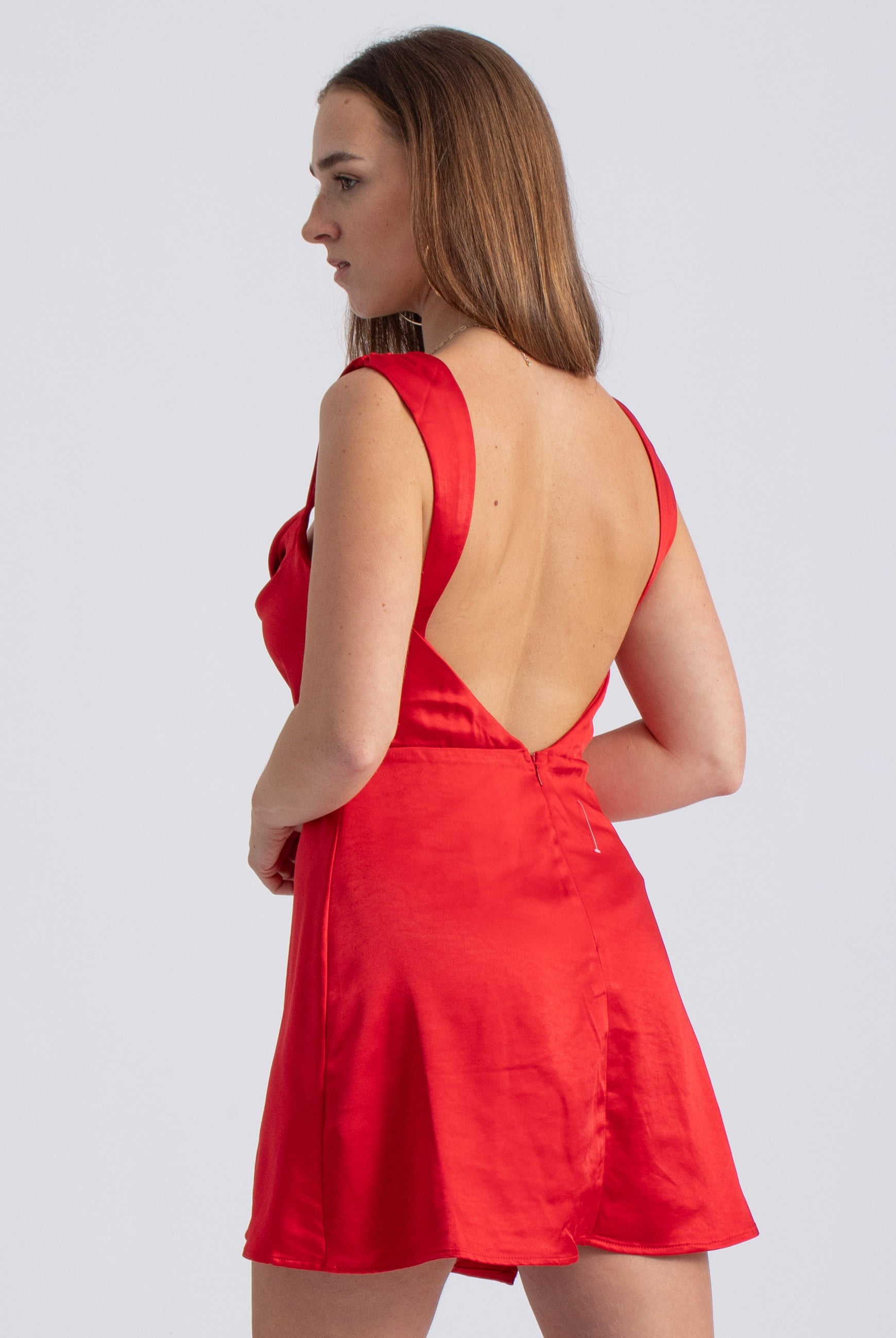 satijnen mini jurk met gedrapeerde hals rood