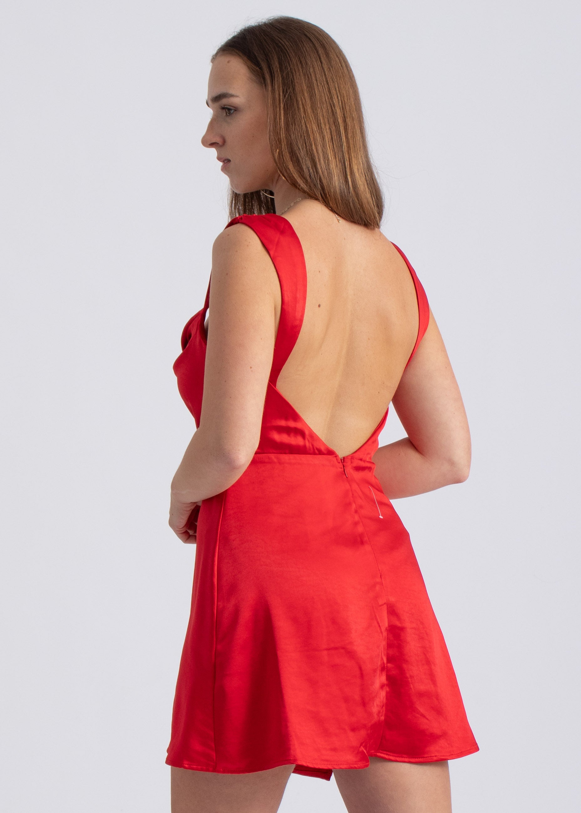 satijnen mini jurk met gedrapeerde hals rood