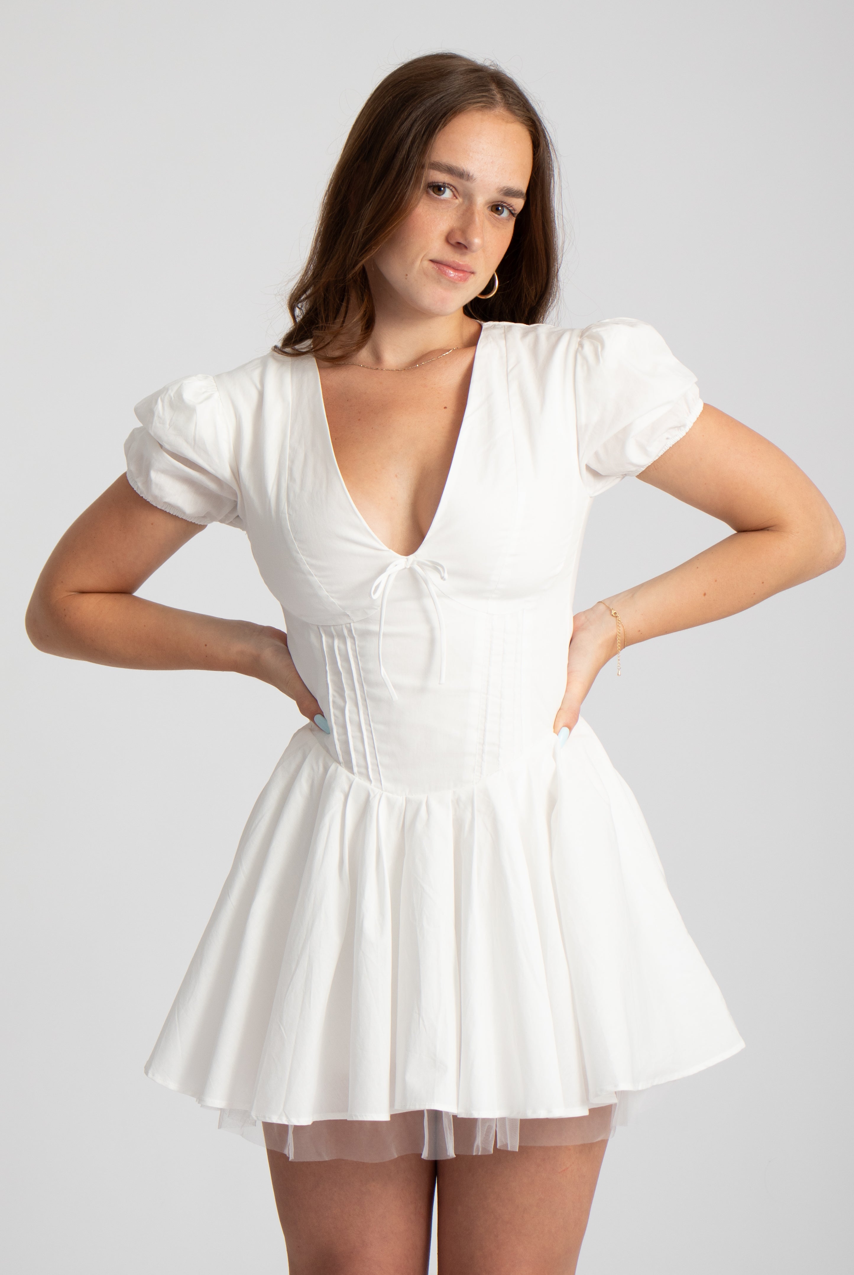 corset mini zomer jurk wit met mouwen en v-hals