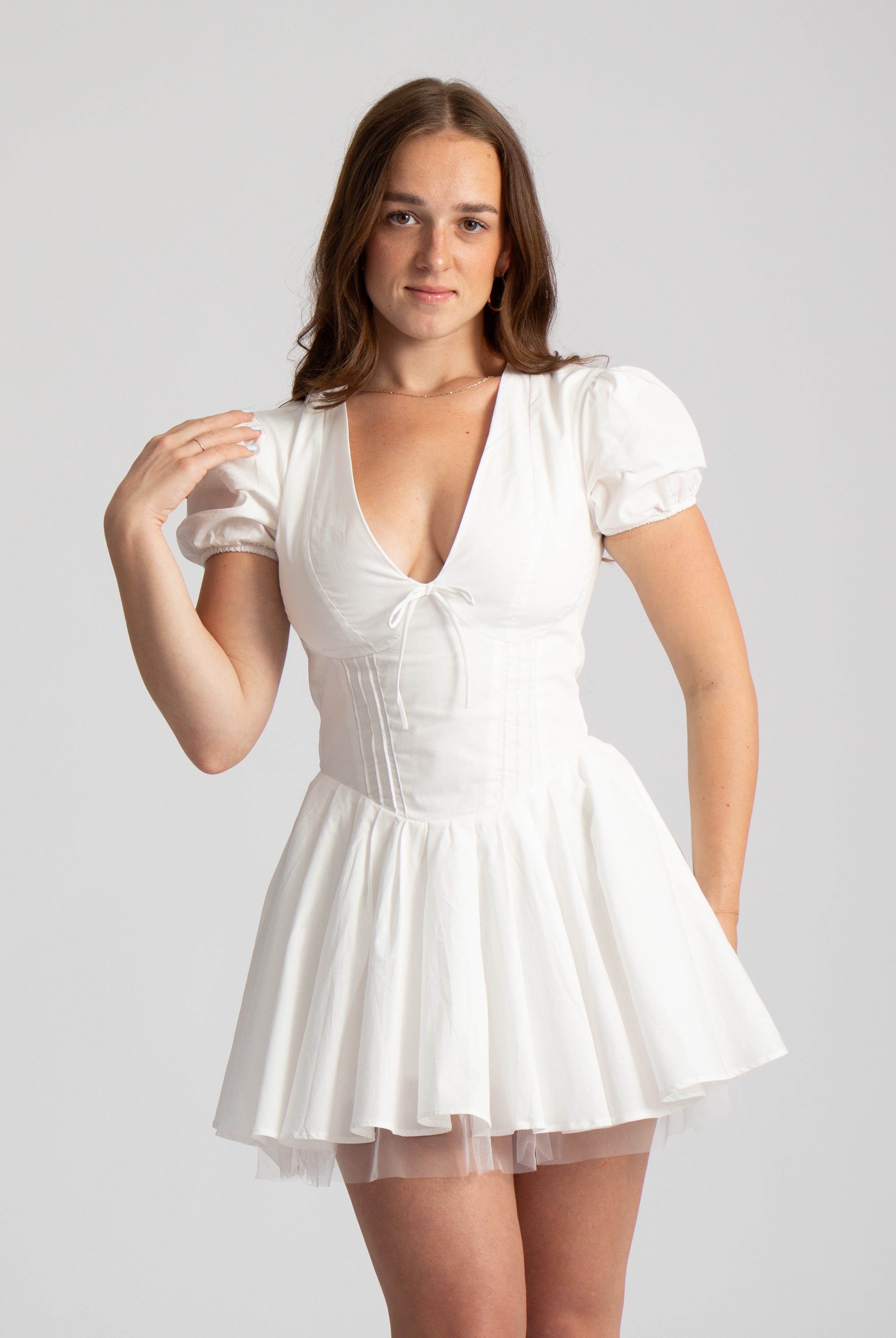 corset mini zomer jurk wit met mouwen en v-hals