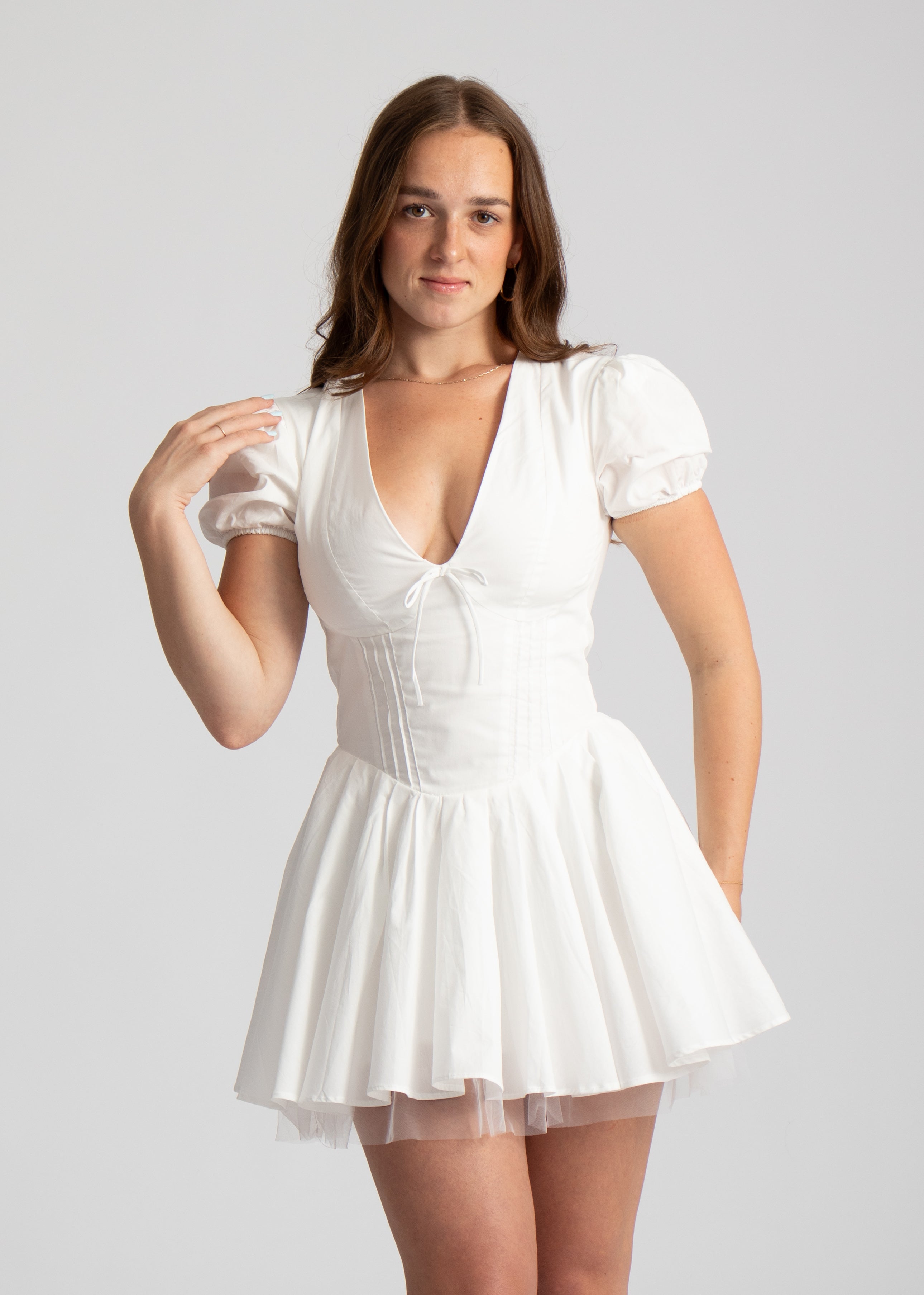 corset mini zomer jurk wit met mouwen en v-hals