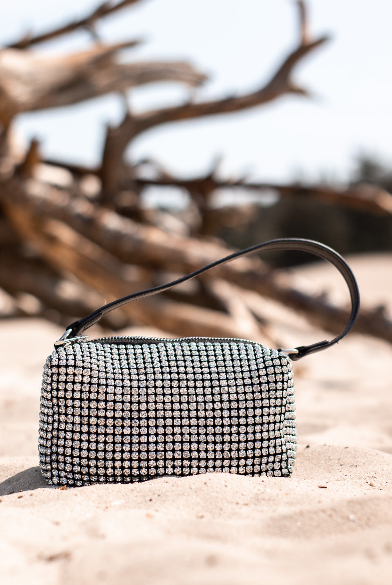 zilveren glitter handtas met ketting