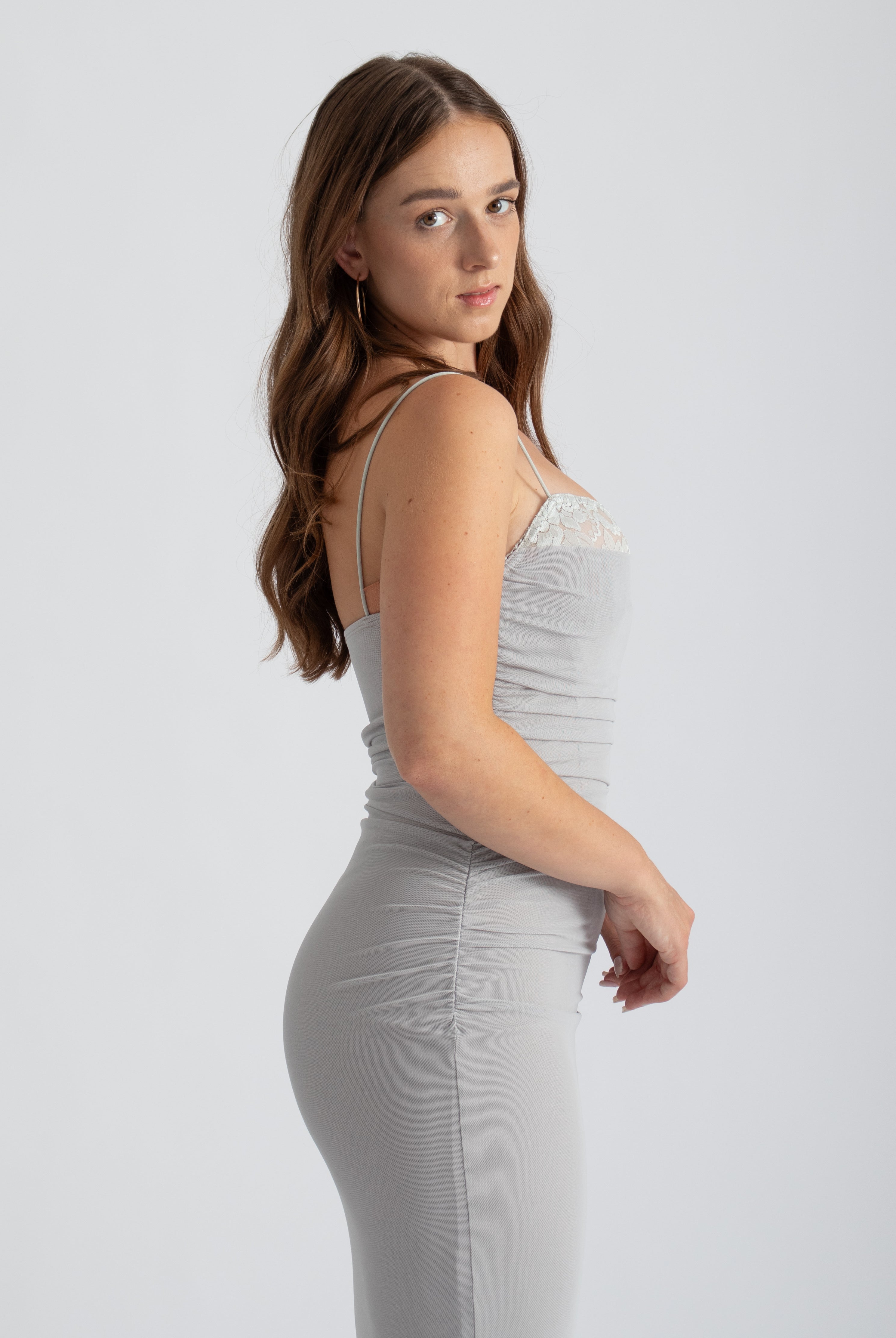 Grijze bodycon mesh maxi jurk