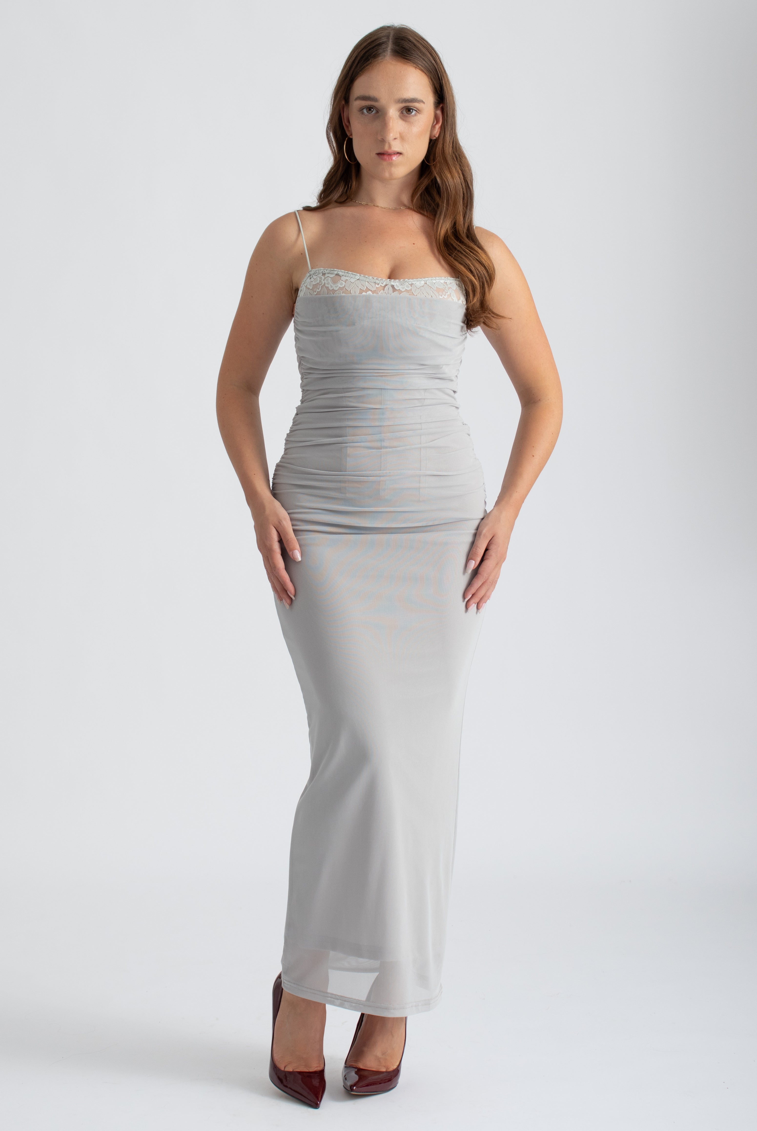 Grijze bodycon mesh maxi jurk