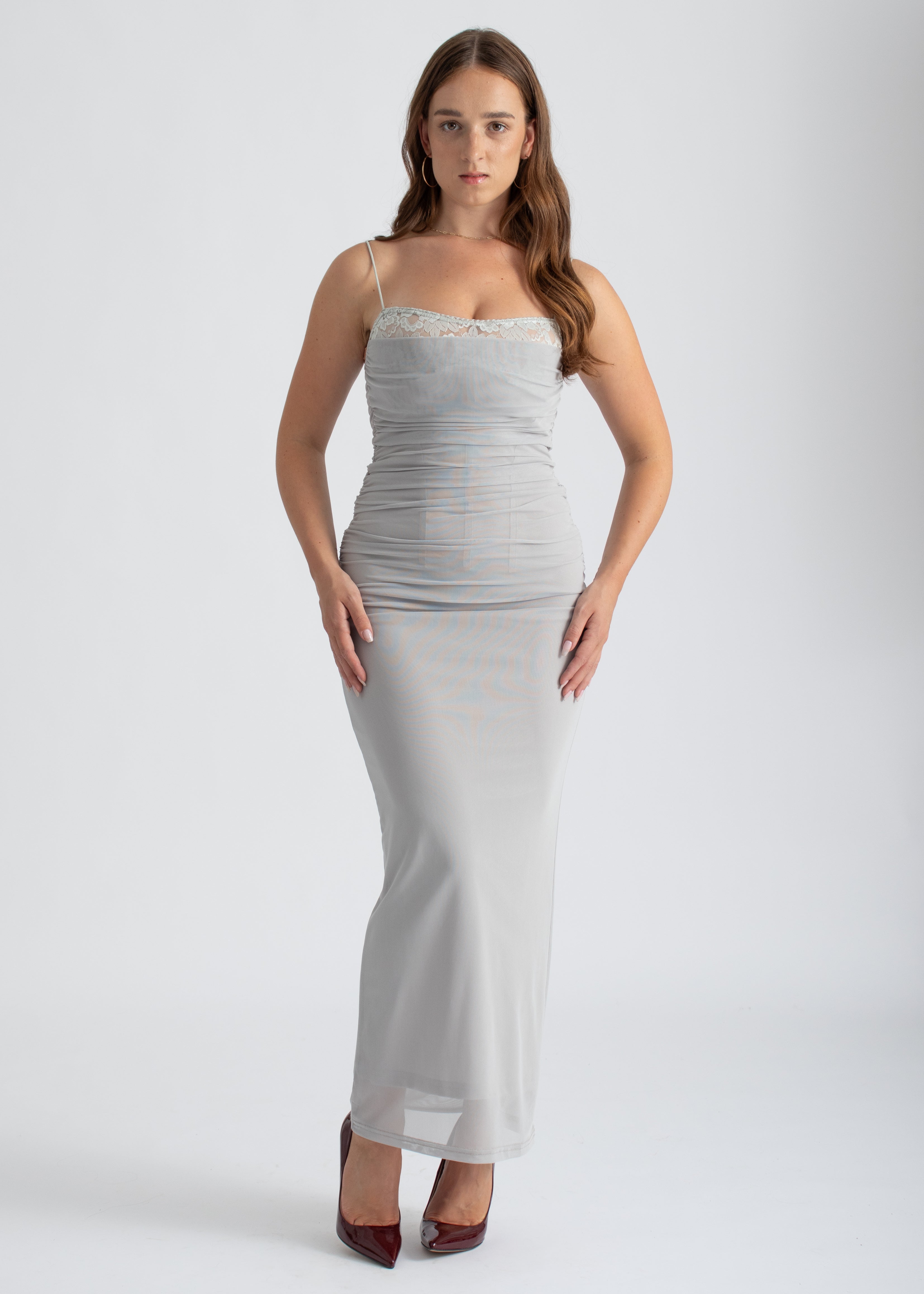 Grijze bodycon mesh maxi jurk