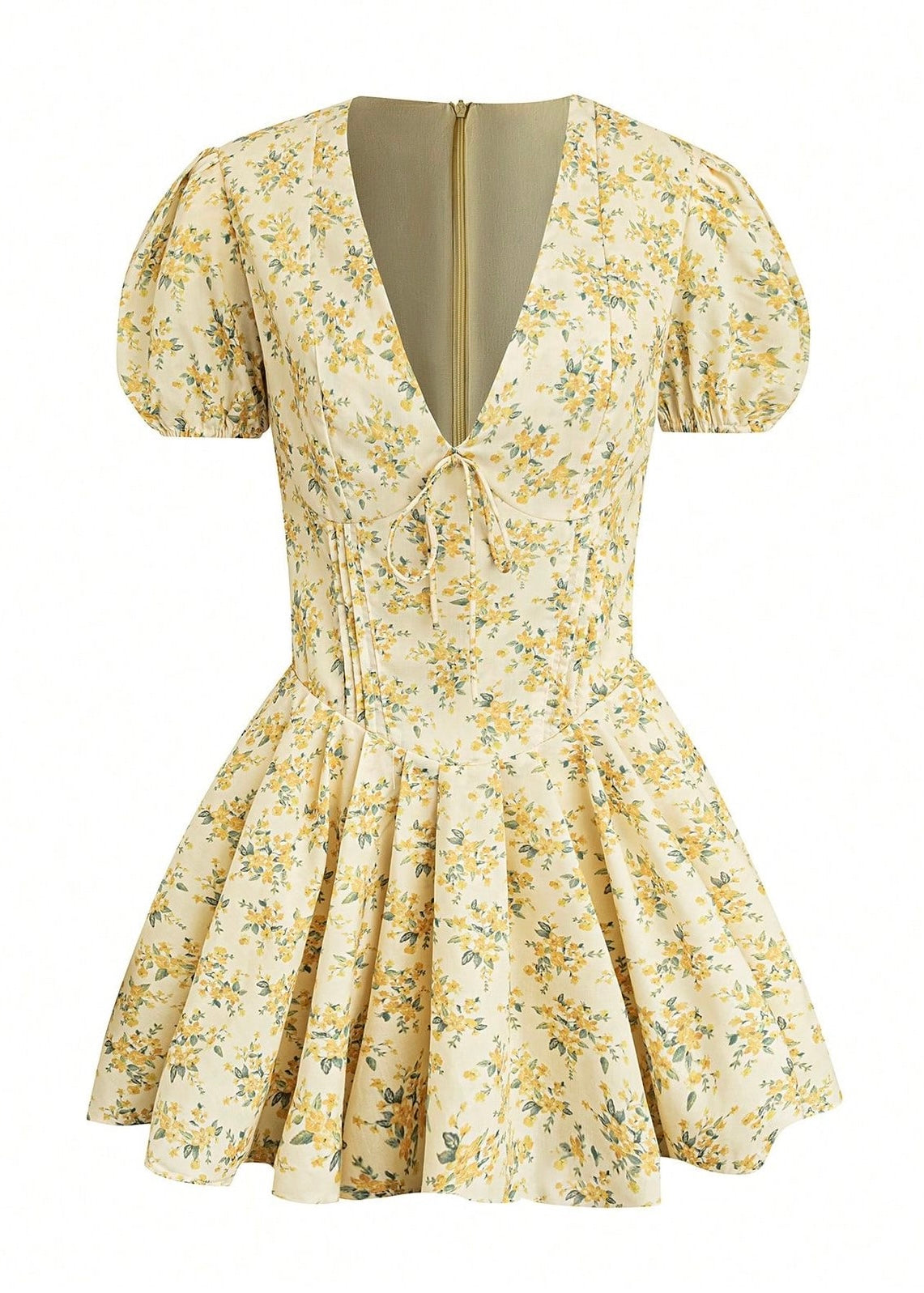 Gele bloemenprint jurk v hals mini