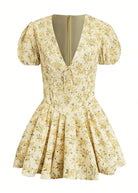 Gele bloemenprint jurk v hals mini